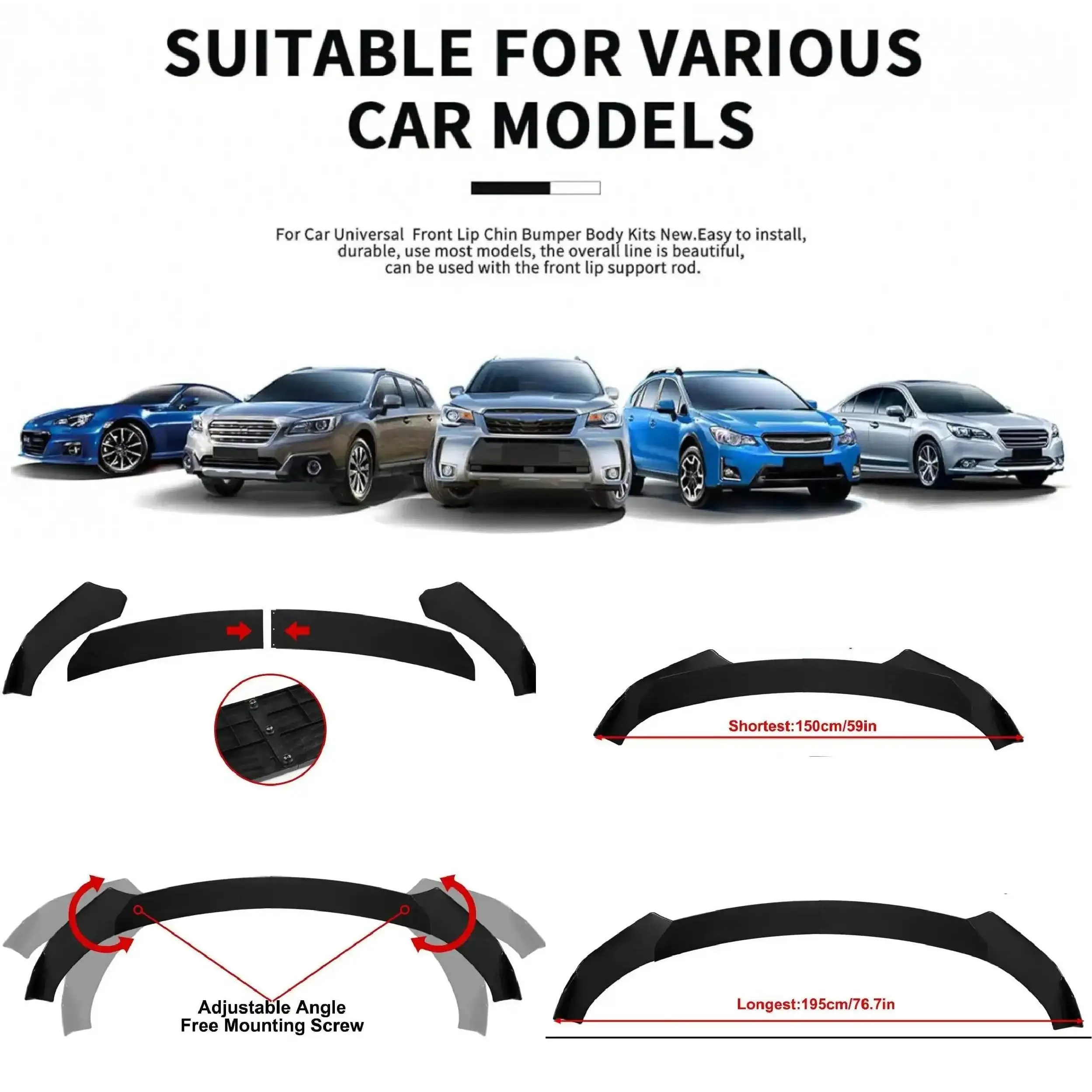 Premium Black Round Plastic 4-Piece Universal Car Front Bumper Lip Chin Splitter Body Kit, Clip-On Pre-Cut Parts with Pre-Drilled Marks, Easy Installation for Golf, Civic,Thoughtful Gift
