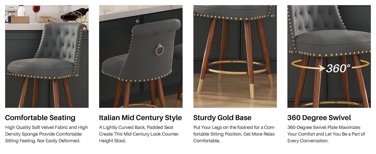 Counter Height Bar Stools, 360° Swivel Bar Stools, Upholstered Barstools with Back and Footrest for Kitchen Island, 24" H Seat Height, Solid Wood Legs