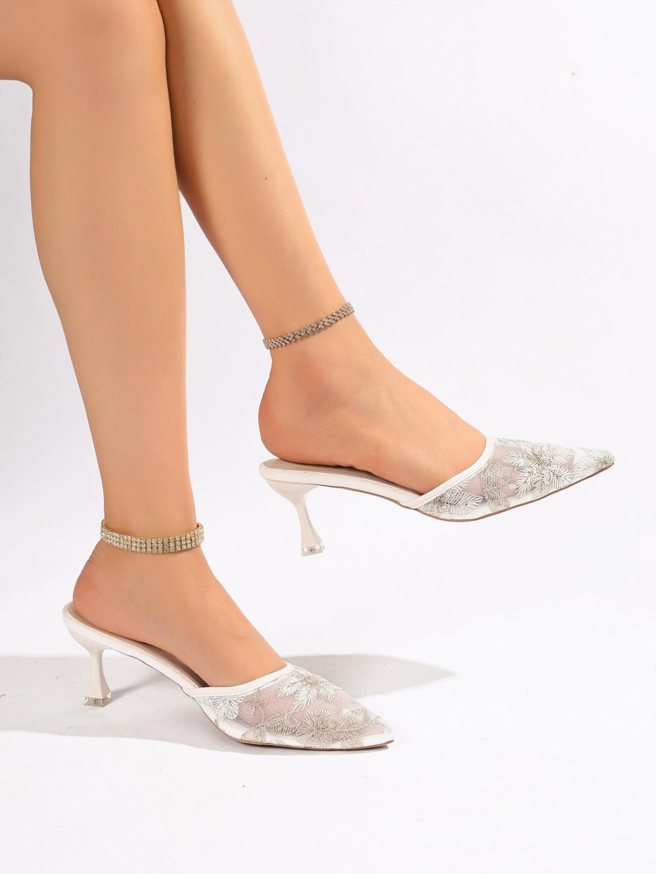 Women's Mesh Embroidered Pointed Toe Slip-On Shoes, French Style Elegant Wedding Shoes, Daily Commute Versatile Footwear