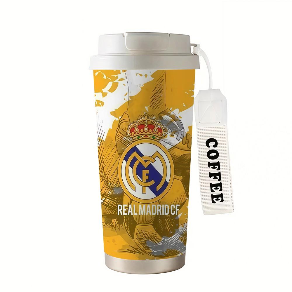 1pc Real Madrid Gold Blue Coffee Cup, 18oz Stainless Steel Insulated Double Wall Travel Mug, Dual Layer Heat Cold Preserve, Car Office Home Outdoor Camping