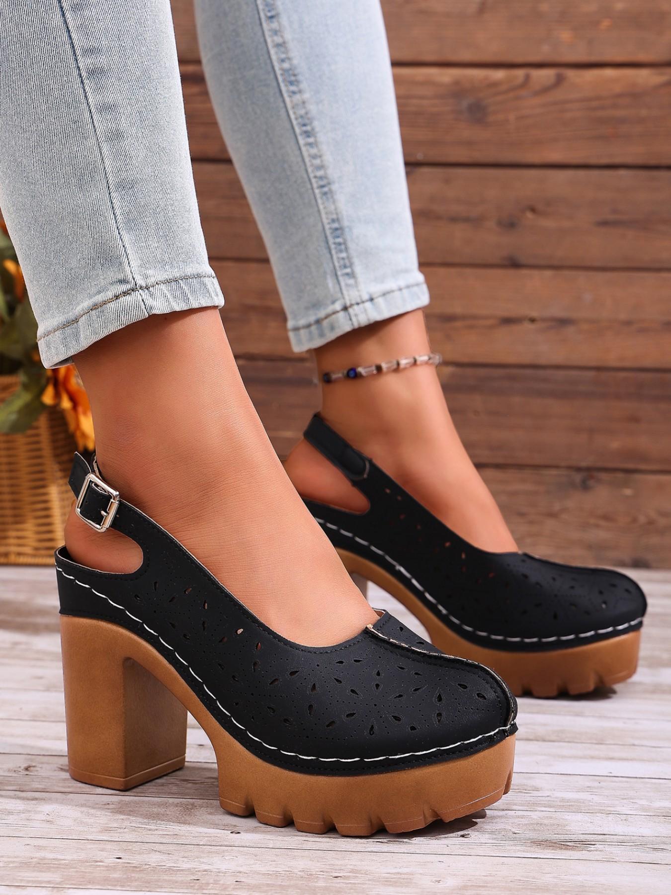 2026 Summer New Retro Thick Heel Sandals for Women, Hollow Out Floral Design, Waterproof Platform High Heels, Versatile Outdoor Wear