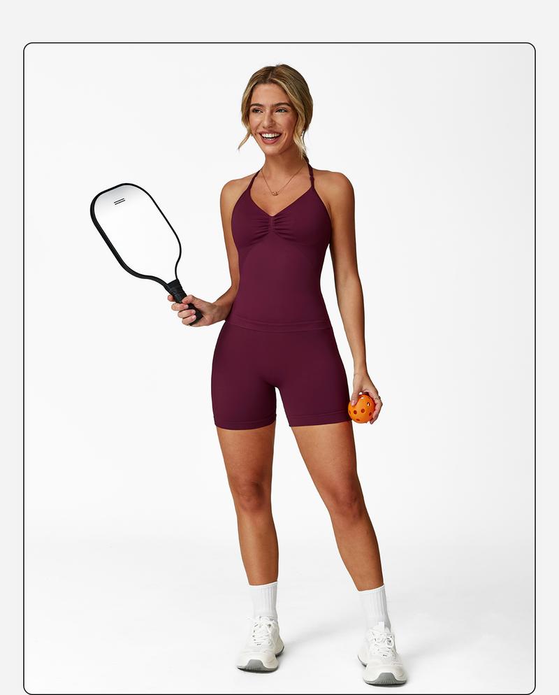 Women's Solid Color Crop Cami Top & High Waist Skinny Shorts Sportswear Set, High Stretch Casual Comfortable Breathable Backless Sleeveless Top & Gym Shorts for Yoga Gym Workout Running, Ladies Sportswear for All Seasons, Tennis Attire, Athletic Tracksuit