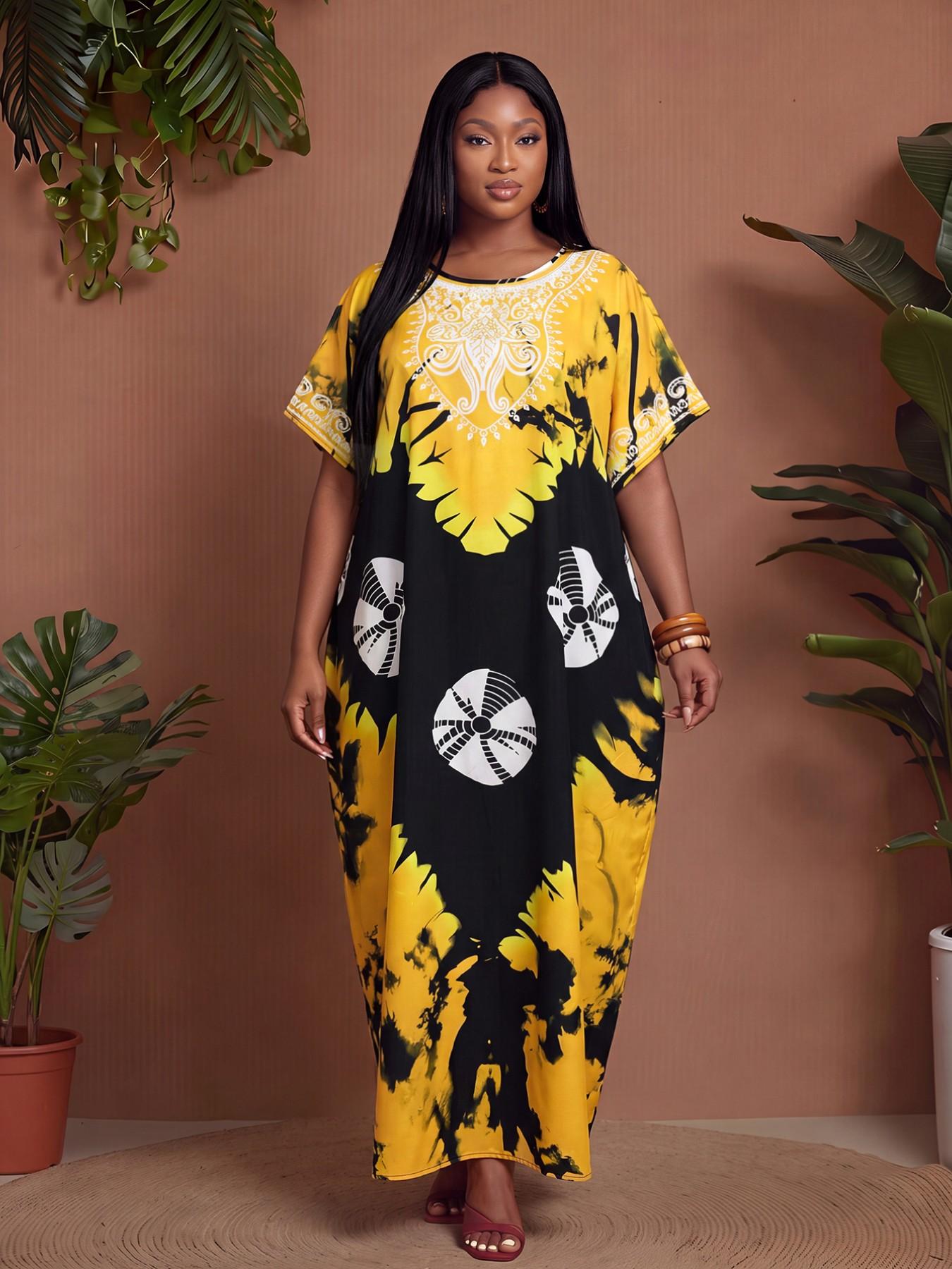 African Totem Print Long Dress, Bohemian Print Dress, Boho Style Loose Fit Short Sleeve Maxi Dress, Plus Size Home Beach Summer Vacation Dress, Vintage Exotic Wind, Casual