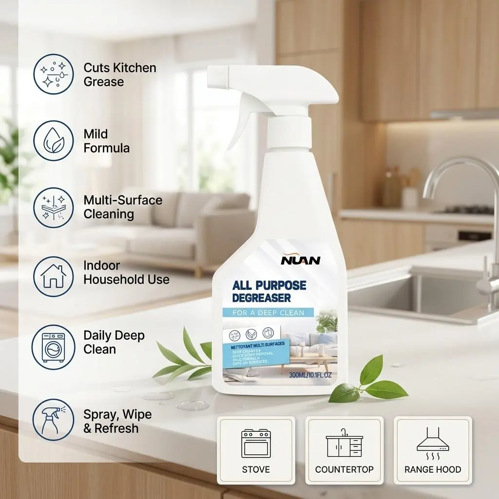 NUAN 300ml Powerful Multi-Purpose Degreaser Spray - Multi-Surface Home Care Cleaner for Kitchen Areas, Stovetops, Deep Grease Removal, Indoor