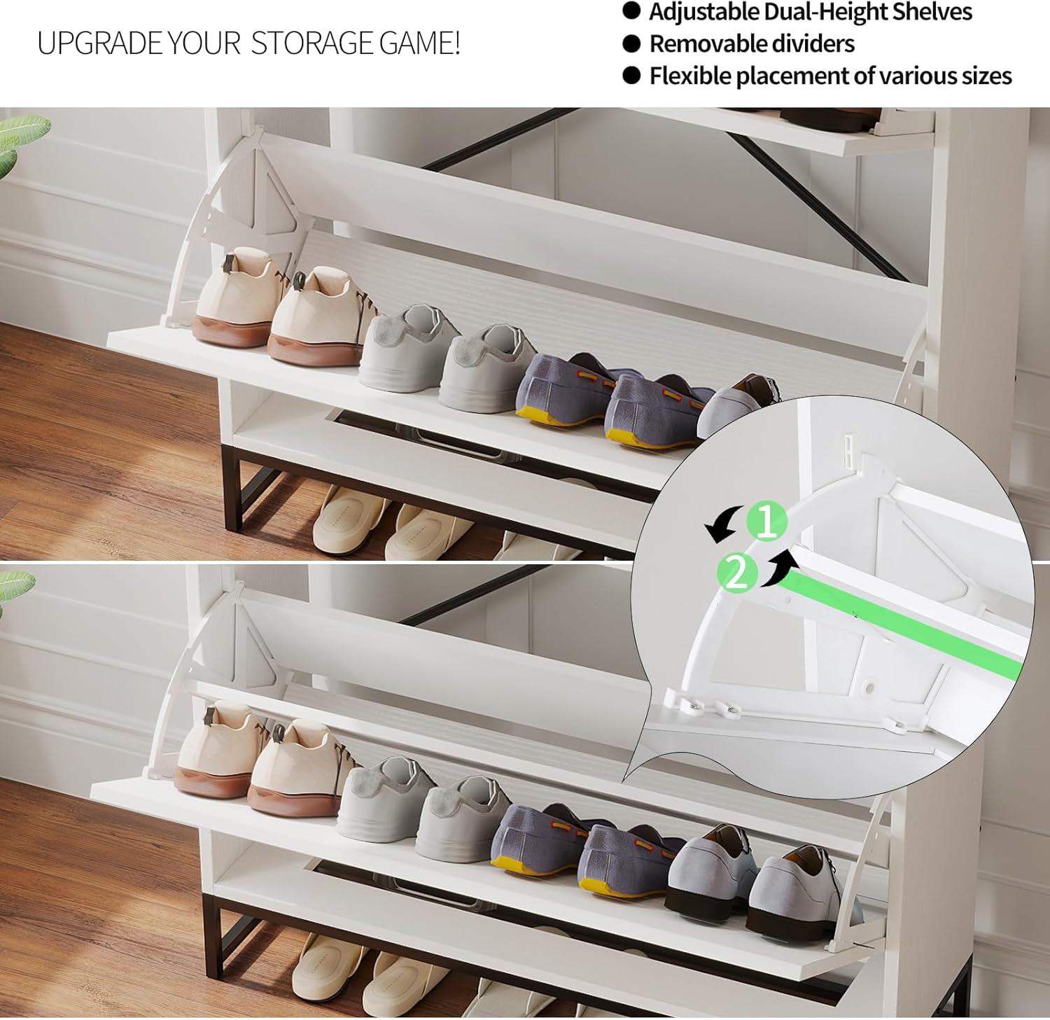 VOWNER Shoe Cabinet with 2 Flip Drawers , Contemporary Slim Shoe Cabinet with Adjustable  Shelves & Metal Legs, Freestanding Shoe Organizer with for Entryway, Hallway, Living Room, White shoe rack organizer