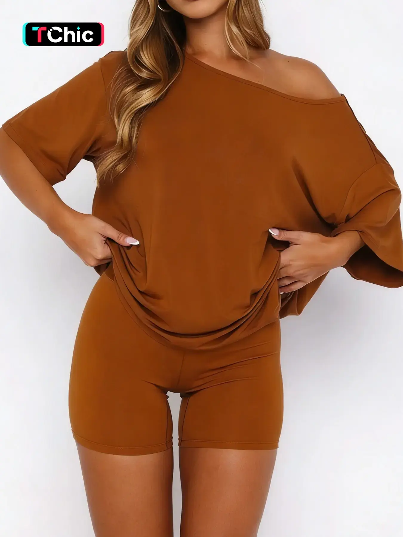 Women's Asymmetrical Shoulder Round Neck Loose Top + Tight Shorts Set, Casual Comfort Sleepwear, Loungewear, 2 Piece Pajama Set, All Seasons, Shirt Shorts Pyjama