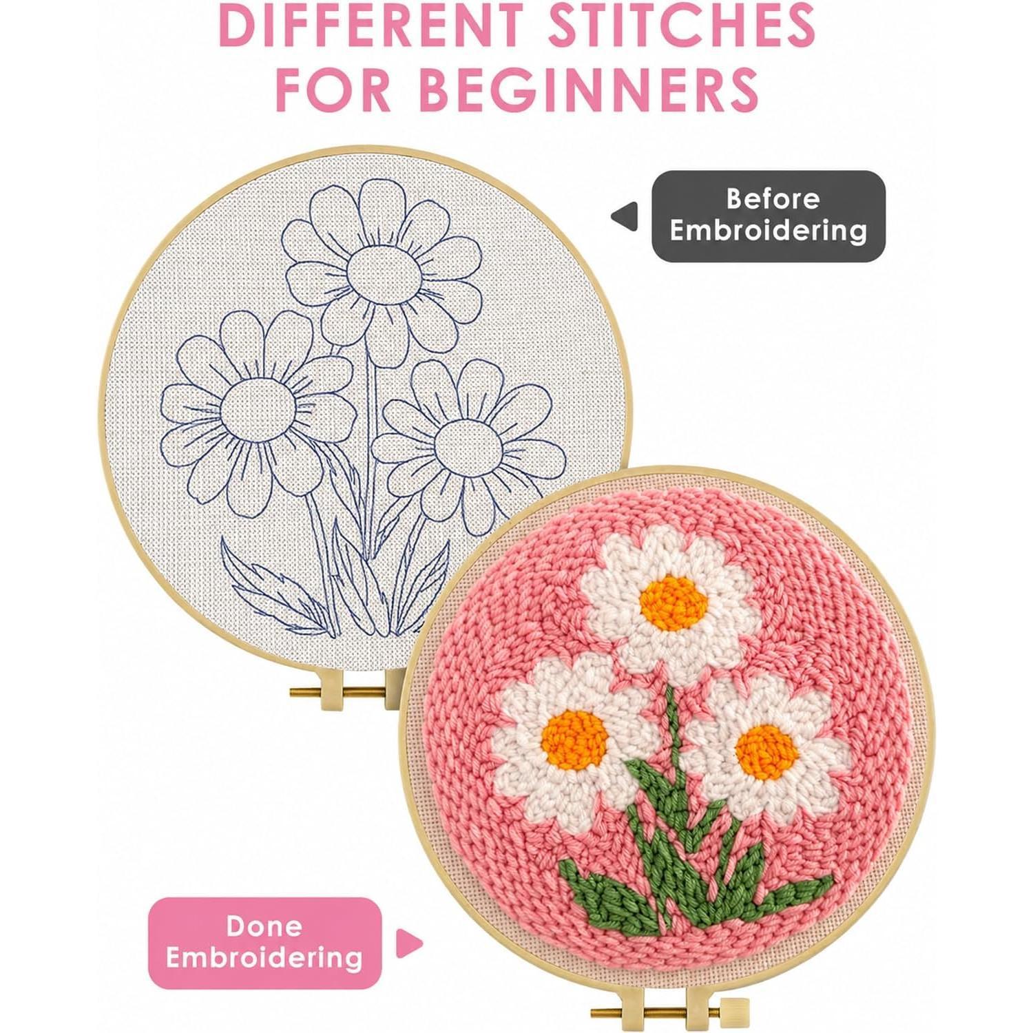 Flower Punch  Kits,Daisy Punch  Kits for Beginners,DIY Punch Embroidery Art & Craft kit for Adults with Video Tutorial