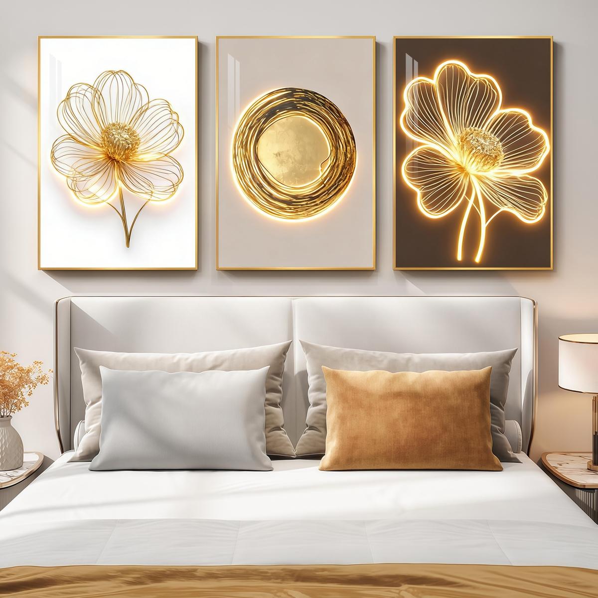 3 Counts Aluminum Alloy Framed Painting, Golden Wire Flower And Sun Abstract Art Pictures, Home Decoration For Living Room, Bedroom, Office, Restaurant, Hallway Wall Decor, Odorless Print Artwork, Luxury Perfect Gift For Friends And Family