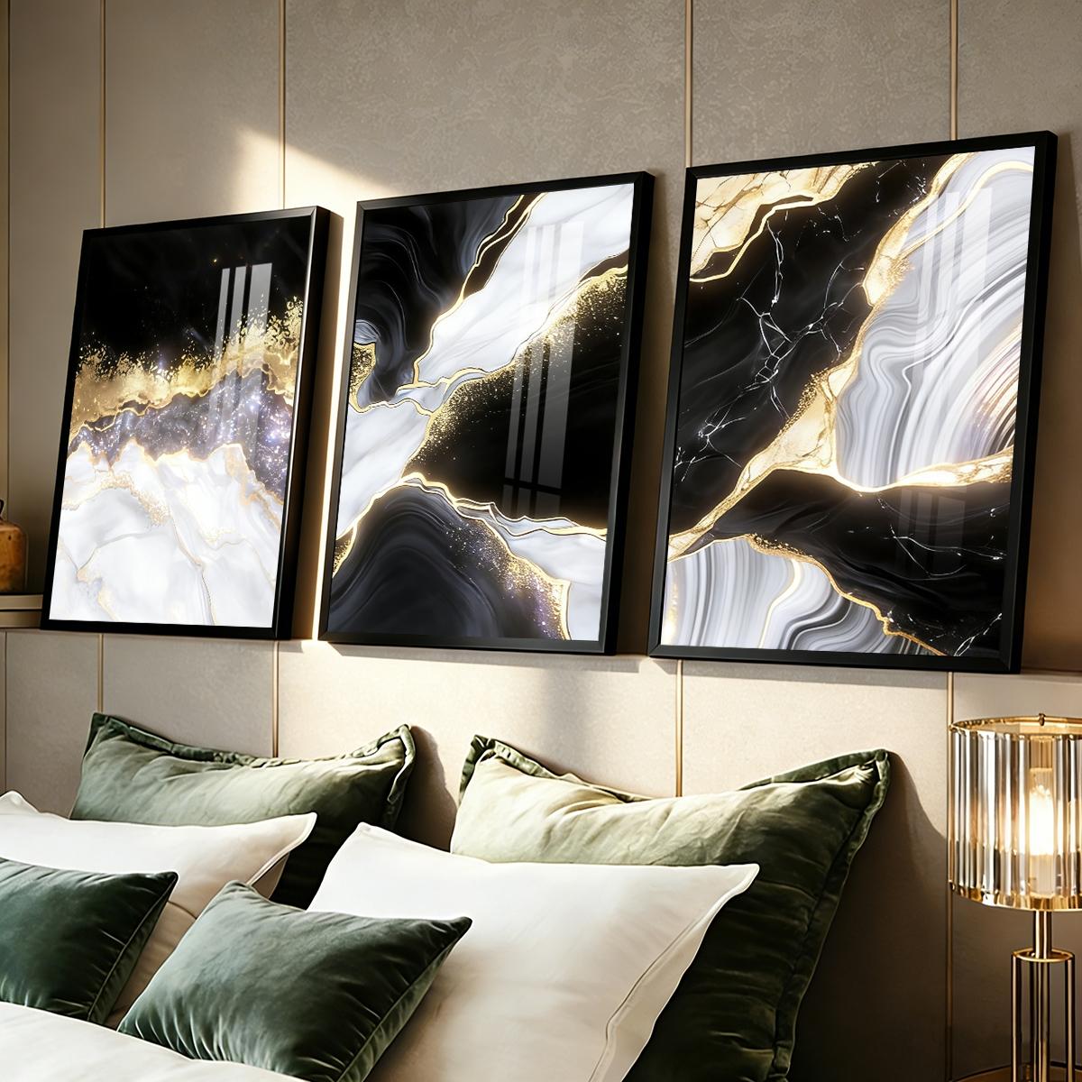 3 Counts Aluminum Alloy Framed Painting, Black White Gold Abstract Marble Art Pictures, Home Decoration For Living Room, Bedroom, Office, Restaurant, Hallway Wall Decor, Odorless Print Artwork, Luxury Perfect Gift For Friends And Family