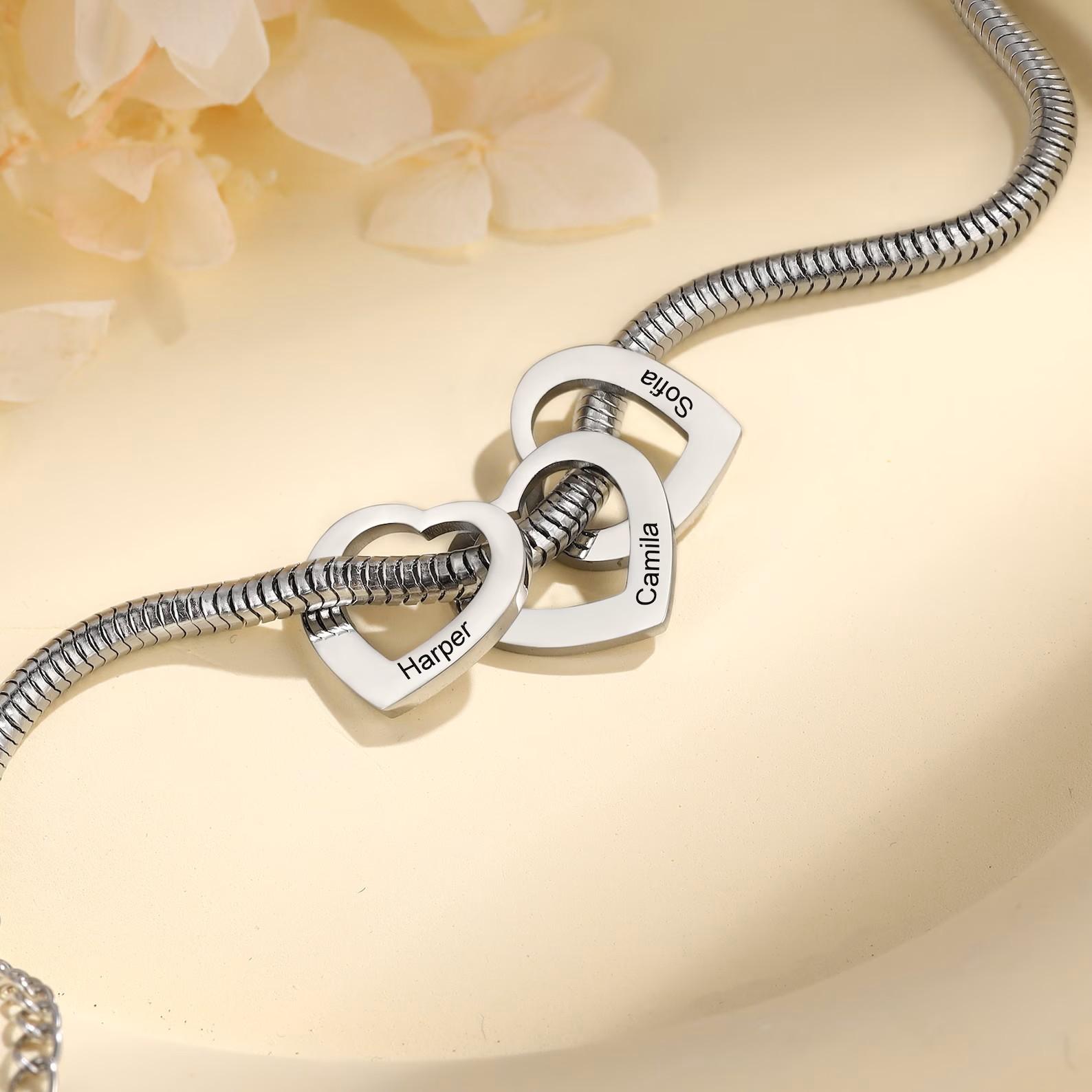 AS976 Personalized Mom Bracelet with Kids Names, Custom Heart Charm Bracelet, Engraved Name Jewelry,  Gift for Mom Grandma