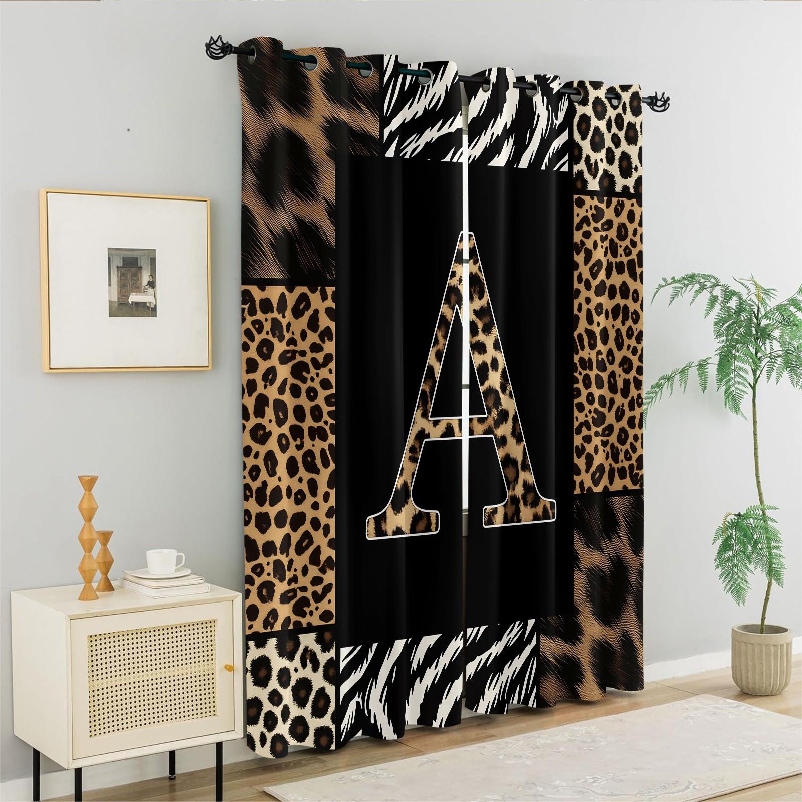 2 Panels 26 Letters Leopard Print Curtains, 80%-90% Light Blocking Curtains, Alphabet Printed Curtains, Stylish Decor Curtains for Bedroom Living Room, Wild Style Window Drapes, Ideal Gift