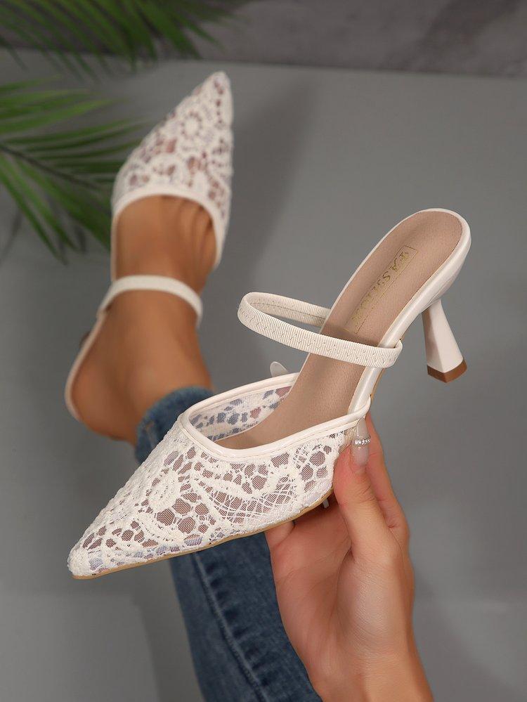 Women's Summer French Lace Pointed Toe Sandals Block Heel Ankle Strap Slingbacks Sexy Outdoor Slides