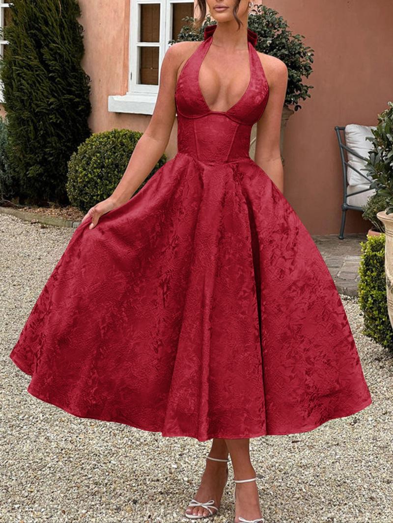 Fashion Elegant Halter Lace-Up Embroidered Waist V-Neck Sleeveless Dress, Long Plain Party Gown, Fitted Style for Women