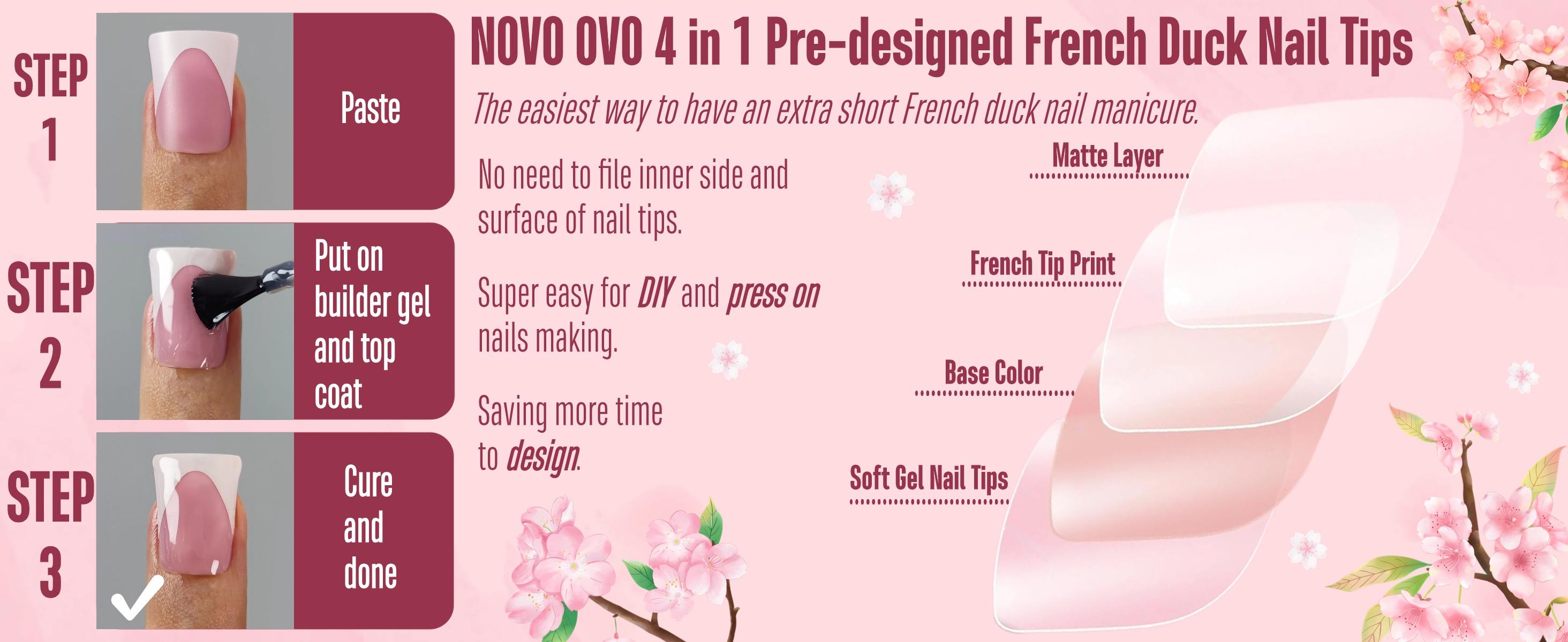 NOVO OVO French Tip Short Duck Nail Tips Press on, Pre-designed Soft Gel Nail Extension, BERRY PINK Pre-applied Tip Primer & Base Coat, Full Cover Matte Vrial False Nails for DIY x 12 Sizes 240 pcs【NO GLUE ,TOP COATAND LAMP INCLUDED】