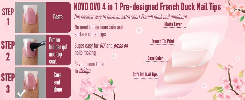 NOVO OVO French Tip Short Duck Nail Tips Press on, Pre-designed Soft Gel Nail Extension, BERRY PINK Pre-applied Tip Primer & Base Coat, Full Cover Matte Vrial False Nails for DIY x 12 Sizes 240 pcs【NO GLUE ,TOP COATAND LAMP INCLUDED】