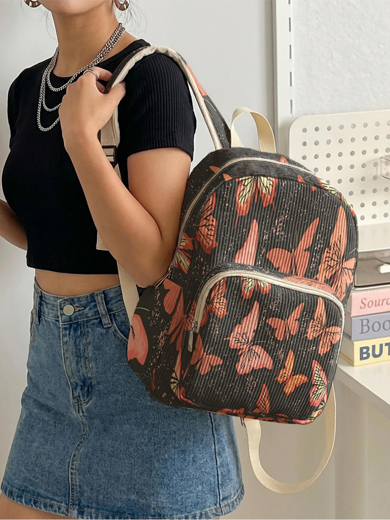 1 piece of 2D printed lady's backpack with butterfly print pattern, chenille texture + layered storage + lightweight and easy to carry|Perfect for students to go to class/shopping/short trips|Combines atmosphere with practicality