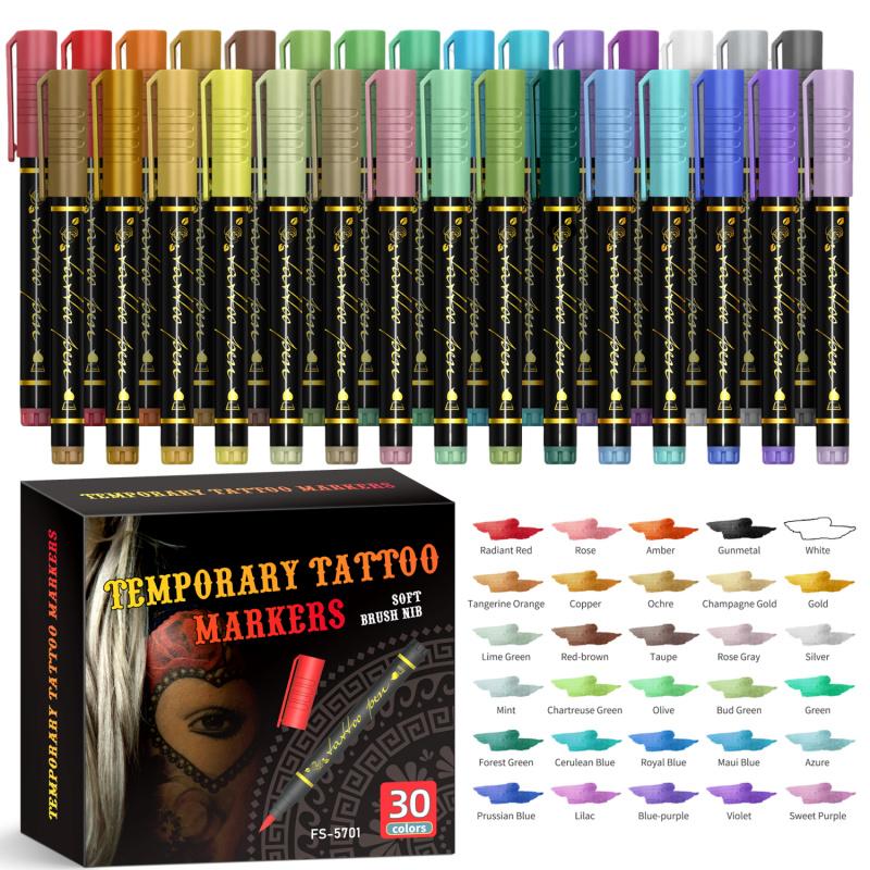 Temporary Tattoo Markers for Skin, 10/15/30-Count Body Markers 10/15/30 Colors Tattoo Pens, Tattoo Stencils,Flexible Brush Tip, Bright colors, Face Paint Kit Cosmetic Quality, High Pigment Halloween makeup