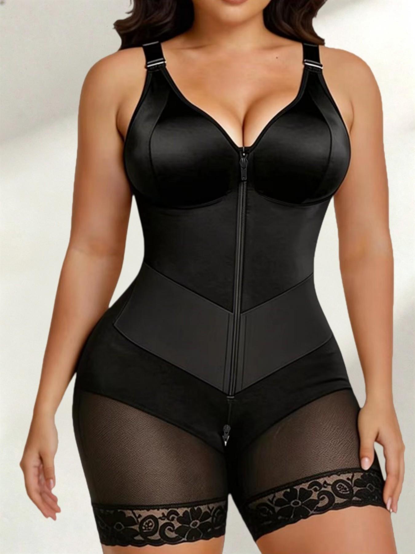 Women's Soft Breathable Full Body Colombian Underwear Shapewear Bodysuit, Zipper Closure Lace Trim Body Shaper with Adjustable Straps, Skin-Friendly V-Neck Shapewear for Special Occasions