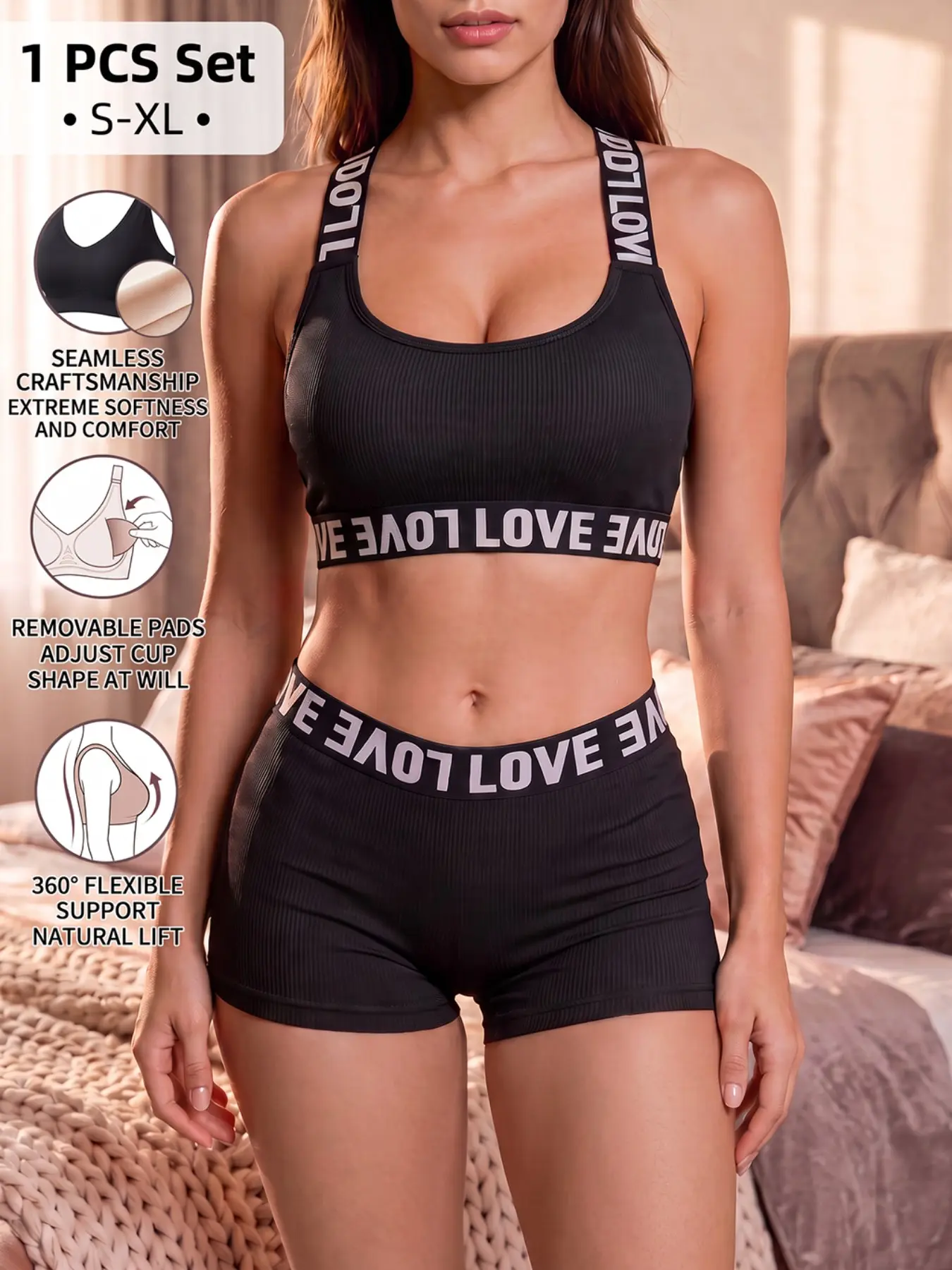 Women's Seamless Workout Set, Ribbed Sports Bra and Shorts, High Waist, Wireless, Full Coverage, Casual Style, All Seasons