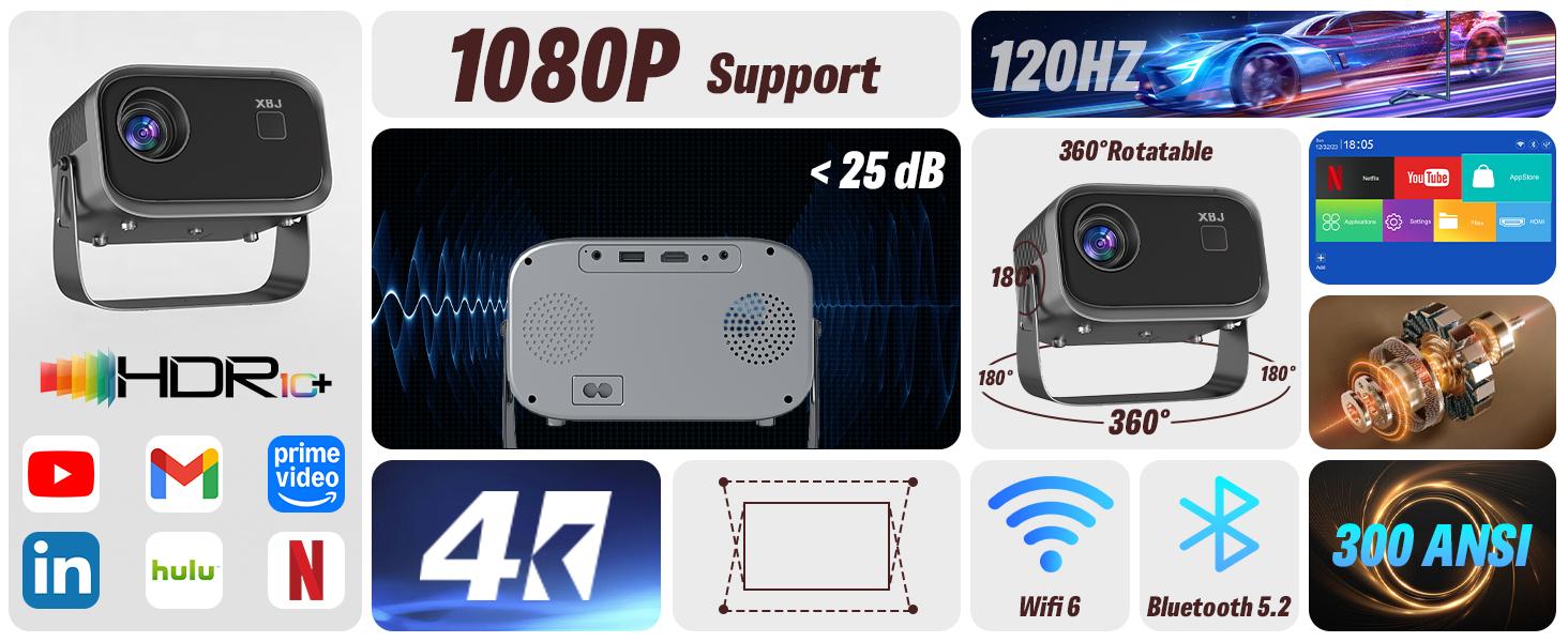 Mini Projector 4K 1080P Support Portable Smart Projector with Wifi and Bluetooth,Auto Focus&Keystone Projector 4K, Screen Movie Home Projector with Auto Keystone Adjustment for Laptops Audio Space projectors