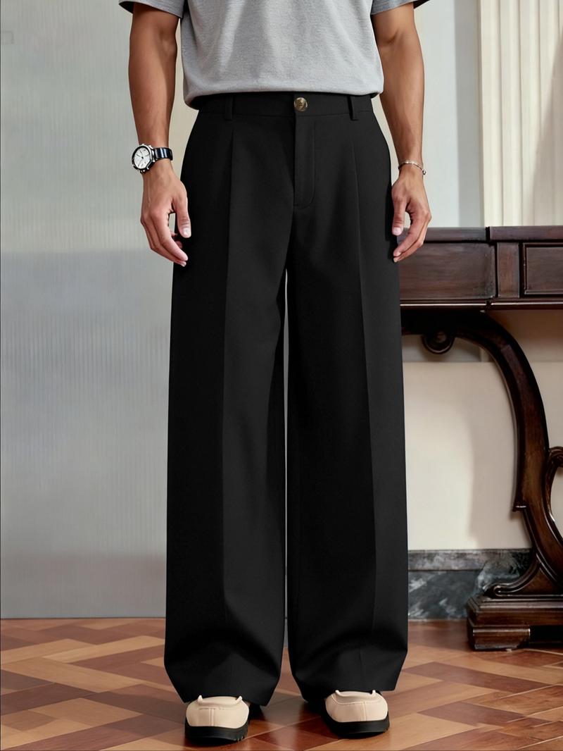 Men's Versatile Solid Color Wide Leg Pants, Casual Minimalist Trousers, Unique Button Design, Fitted Style, Perfect for Parties and Daily Wear Men's Versatile Solid Color Wide Leg Pants, Casual Minimalist Trousers, Unique Button Design, Fitted Style, Perfect for Parties and Daily Wear