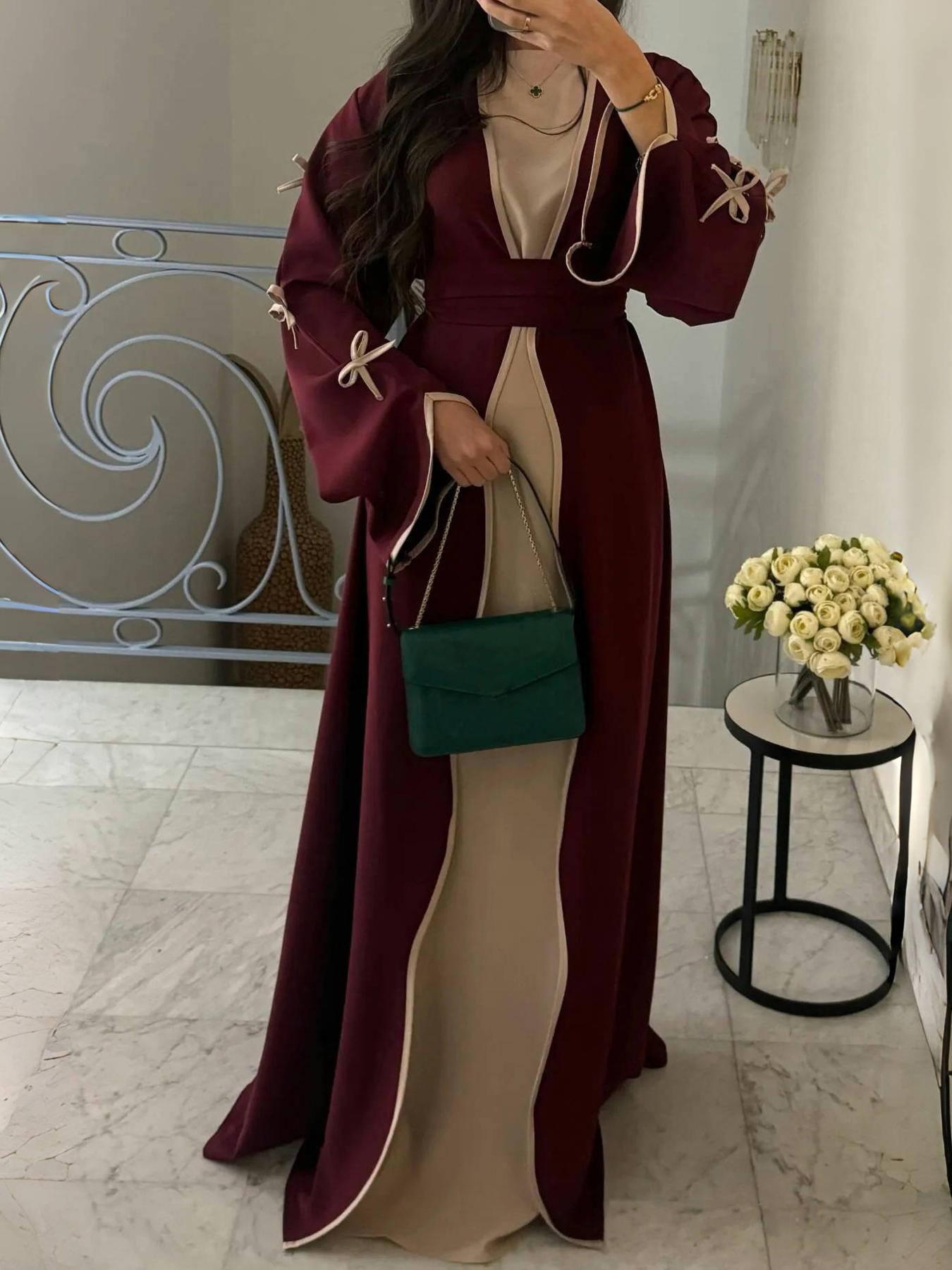 Women's Islamic Clothing Plus Size Dresses, muslims open abayas  Elegant Bow Design Bow Accent Long Dress, Soft Comfortable Casual Outerwear with Waist Belt Included, Spring & Fall Fashion