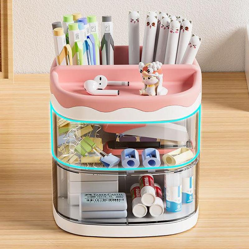 High-Value Rotating Pen Holder, Multi-Layer Transparent Storage, Cartoon Decorative Stationery, Small Item Classification Organizer, Stationary Organizer Holder