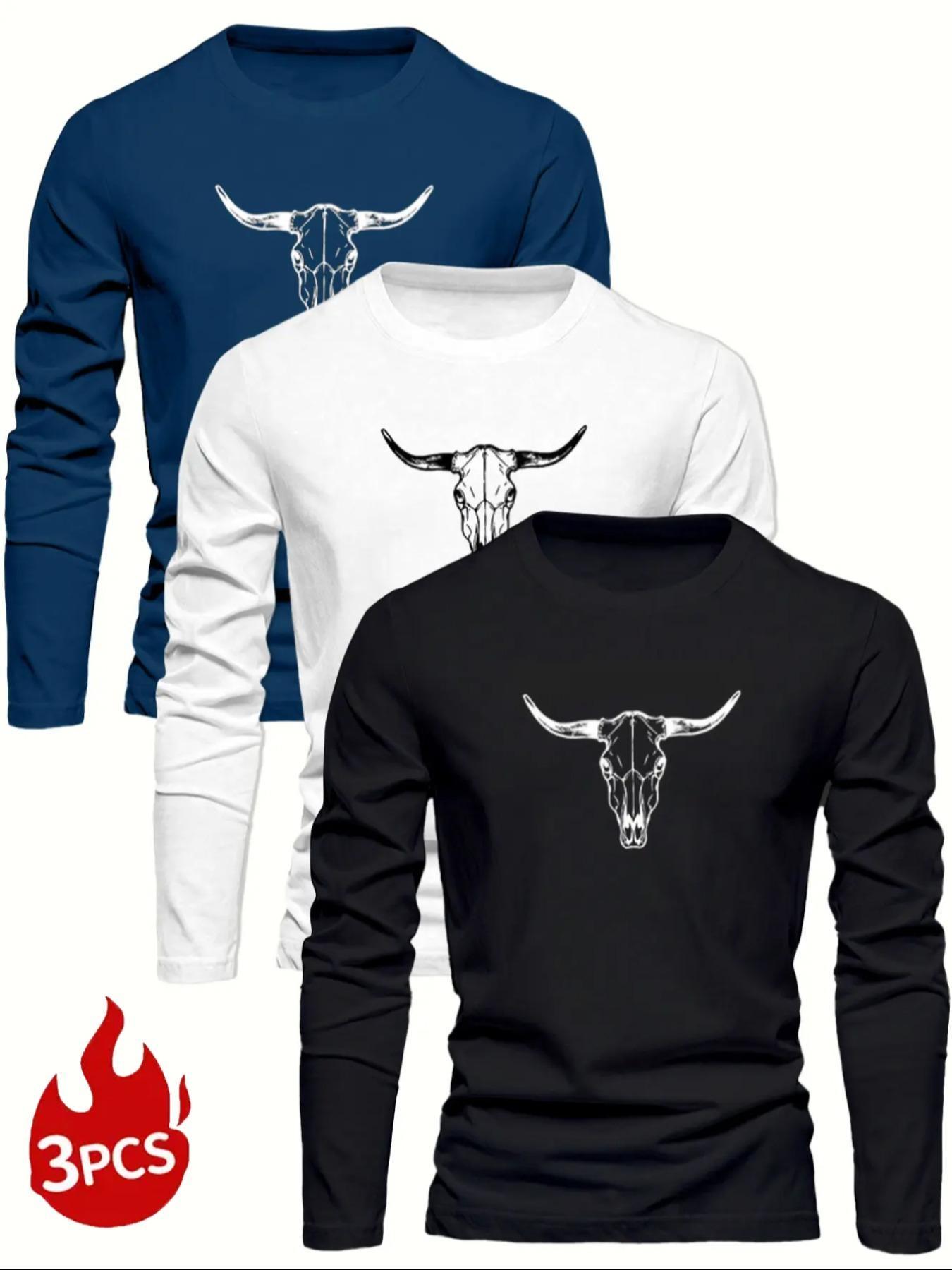 Men's 3-Piece Knit Bull Print Round Neck Long Sleeve T-Shirt Set, Graphic, Fitted Casual Fashion, Soft Handfeel, Comfortable Streetwear
