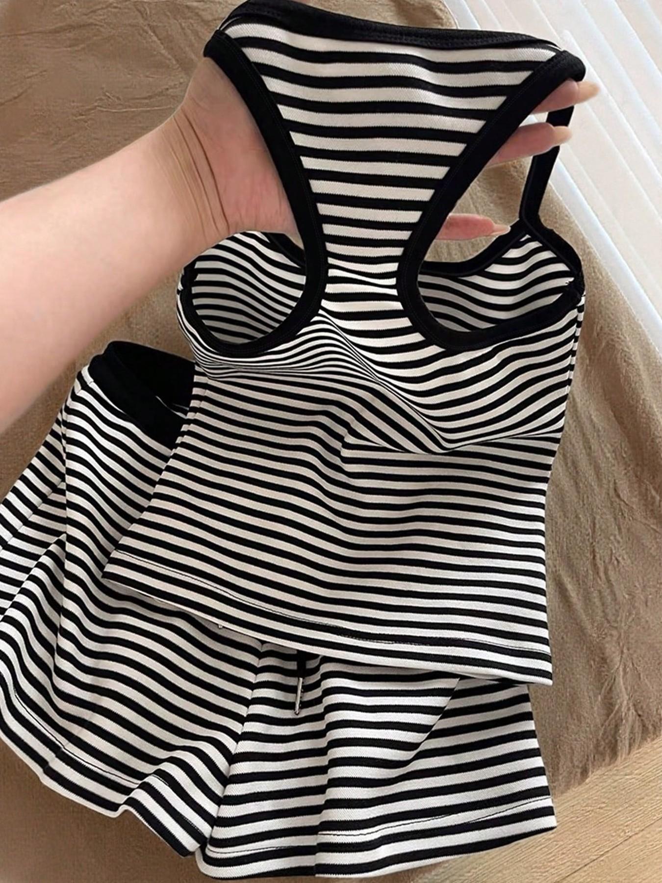 Basic Striped Casual Matching Set for Women - Halter Sleeveless Crop Top &  Shorts Beach Vacation Outfits