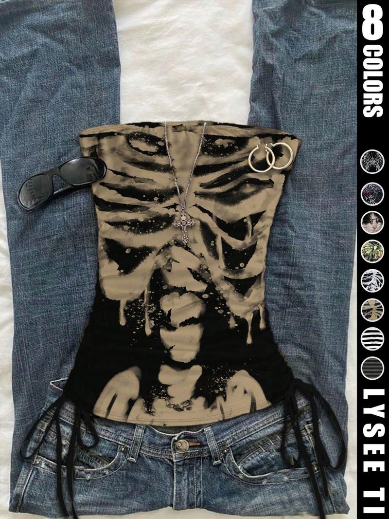 Casual vacation style striped printed fashionable women's drawstring side tie strapless vest