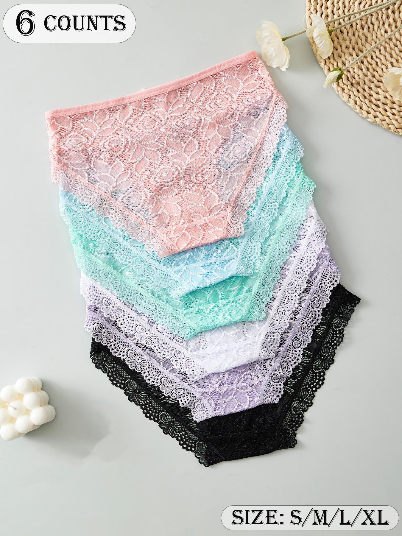 6-Pack Elegant Sexy Lace Floral Women's Briefs, Breathable Lightweight Comfort, Full Lace Semi-Transparent Design, Bow Decoration, All Seasons, Floral Lace Panties