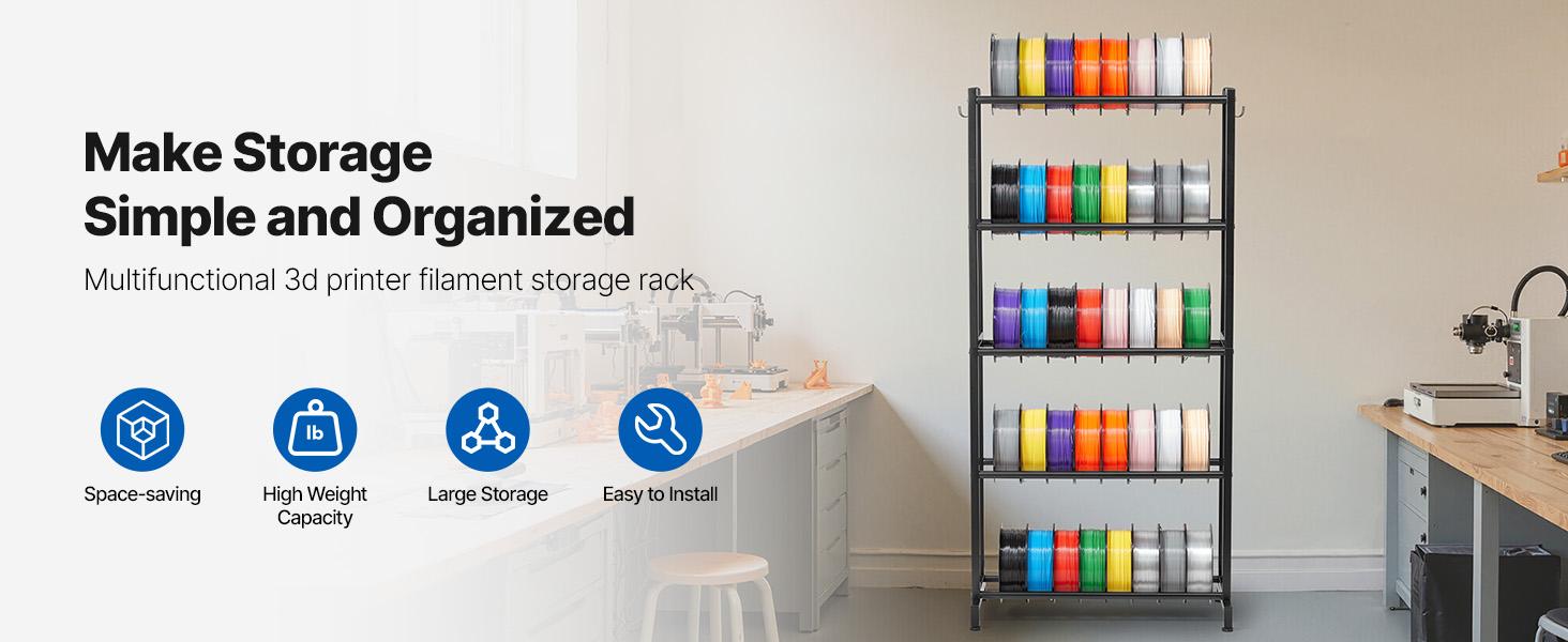 VEVOR 3D Printer Filament Storage Rack, 5 Tier Heavy Duty Storage Shelves for 3D Printing Filaments, Filament Spool Holders Racks for 3D Printing Studio, Home Studio, Office, Workshop (Shelf Only)