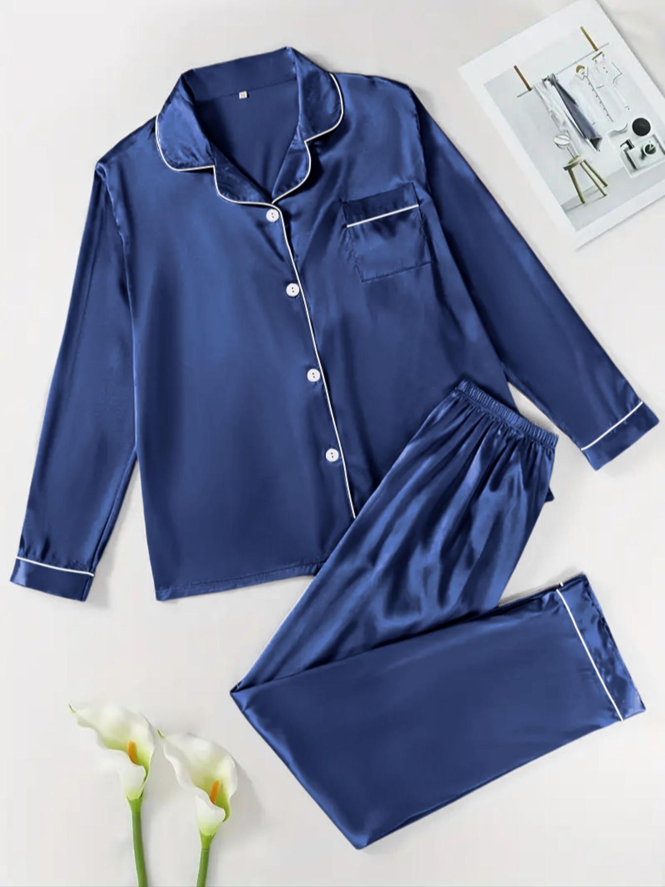 【Valentine's Day】Two-Piece Set Women's Solid Contrast Binding Satin Pyjamas, Pajamas, Long Sleeve Lapel Button Front Shirt & Elastic Waist Pants PJ Set, Casual Comfortable Sleepwear Set for Women