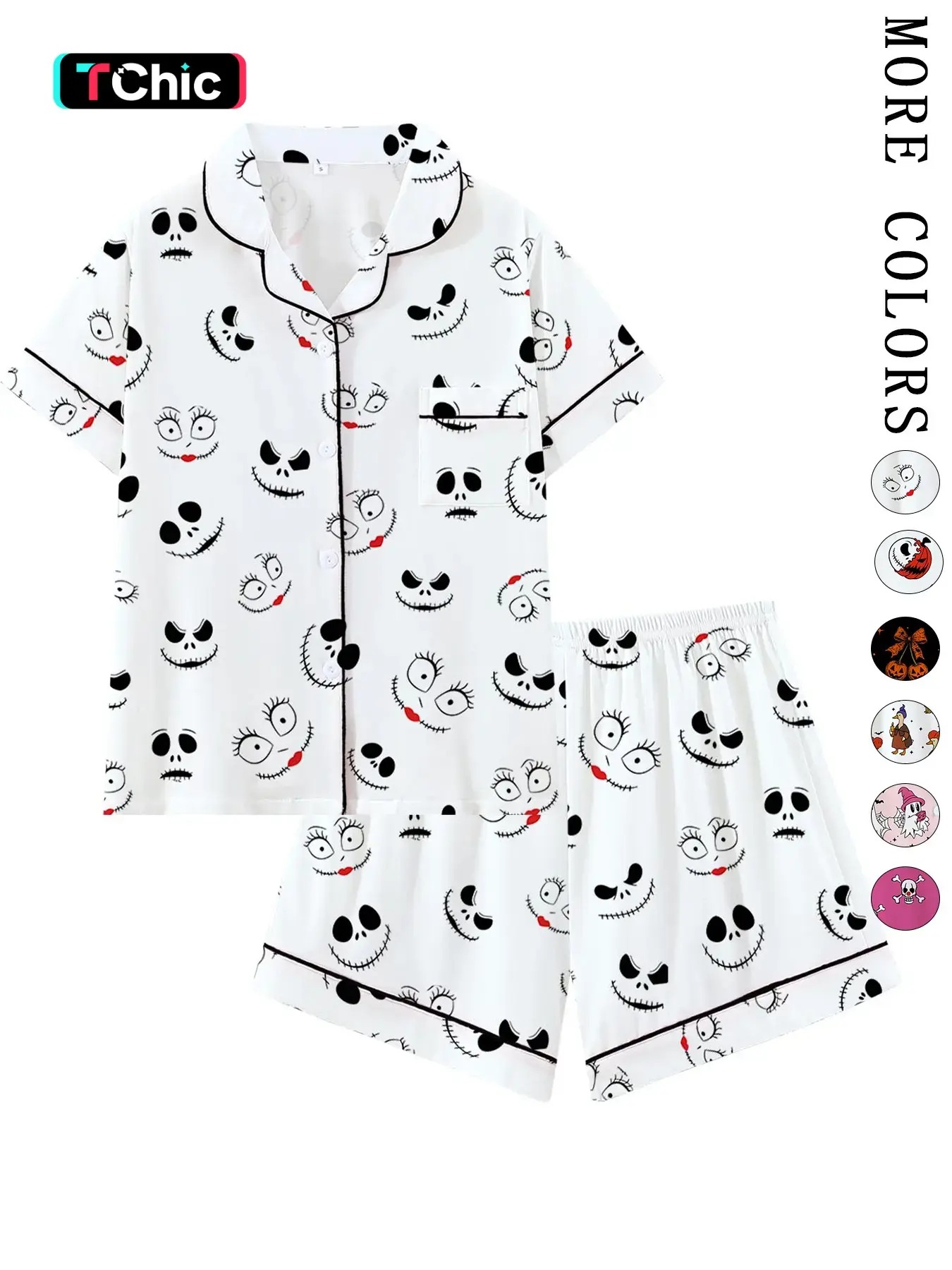 Creepy Cute Skeleton Halloween Pattern Short Sleeve Pajama Set, Spooky Stitched Face Graphic Sleepwear with Black Piping, Goth Style Summer Loungewear Set, Fun 2-Piece PJs
