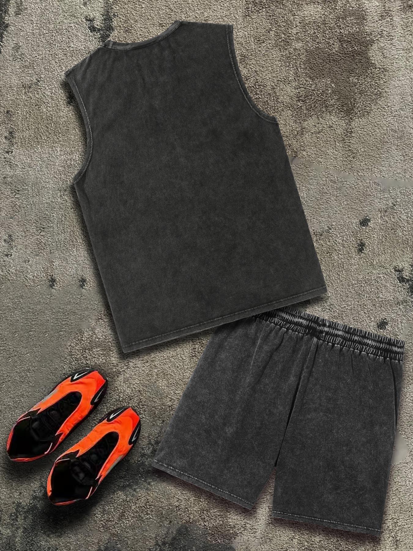 【Cotton】Men's Cartoon Print Tank Top & Letter Print Shorts Pyjama Two-Piece Set, Regular Fit Casual Comfy Round Neck Sleeveless Top & Shorts PJ Set, Men's Sleepwear for Summer Pajamas