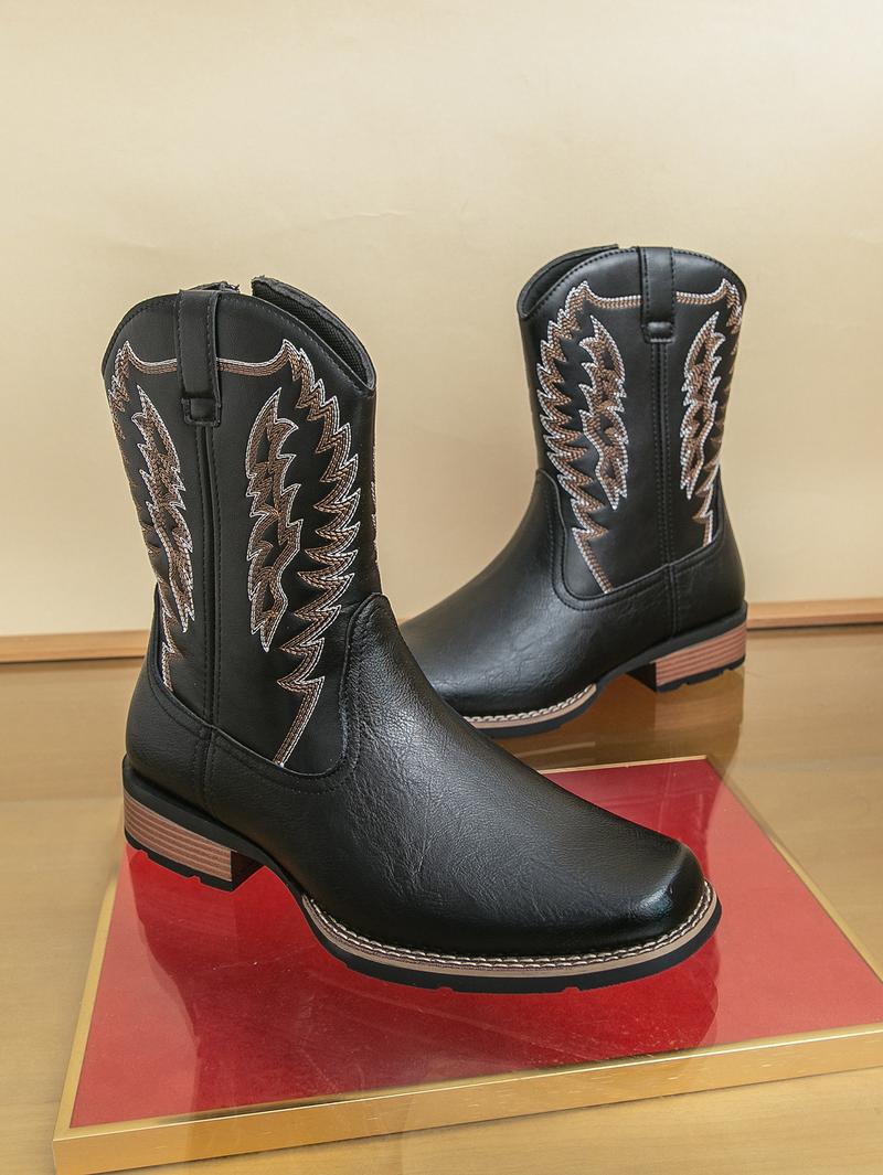 Men's West Wind Resilient Western Boots, Wide Square Toe Cowboy Leather Boots with Snow Feathers Embroidery, Anti-Slip Soft Firm Soles, Classic Western Fashion Footwear for Work, Riding & Daily Walking,mid-calf men,holiday boots