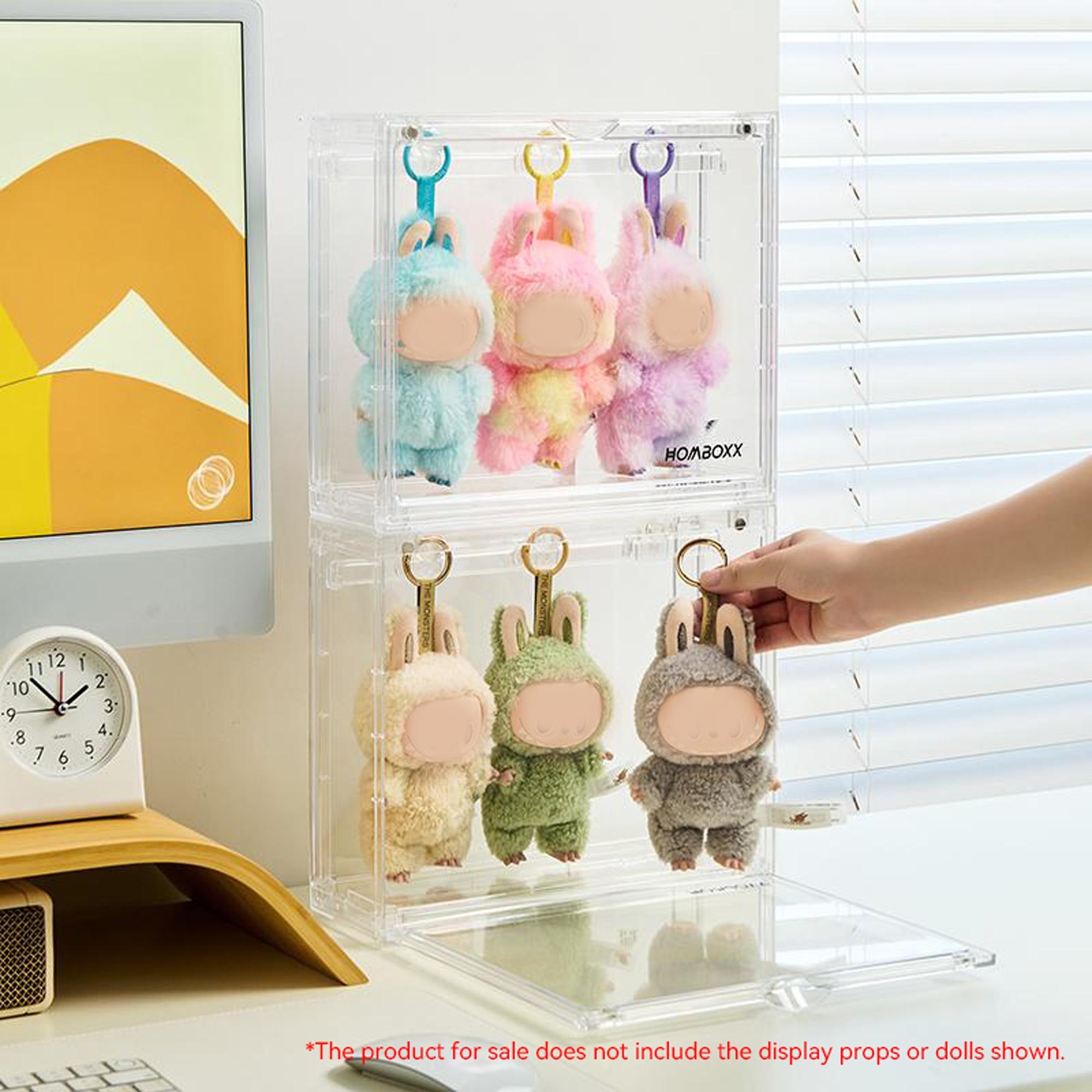 Plush Hanging Display Storage Box Set with 4 Transparent Hooks, 12-Piece Hook Kit, Dustproof Moisture-Proof, Stackable, Suitable for Pop Mart Collectibles