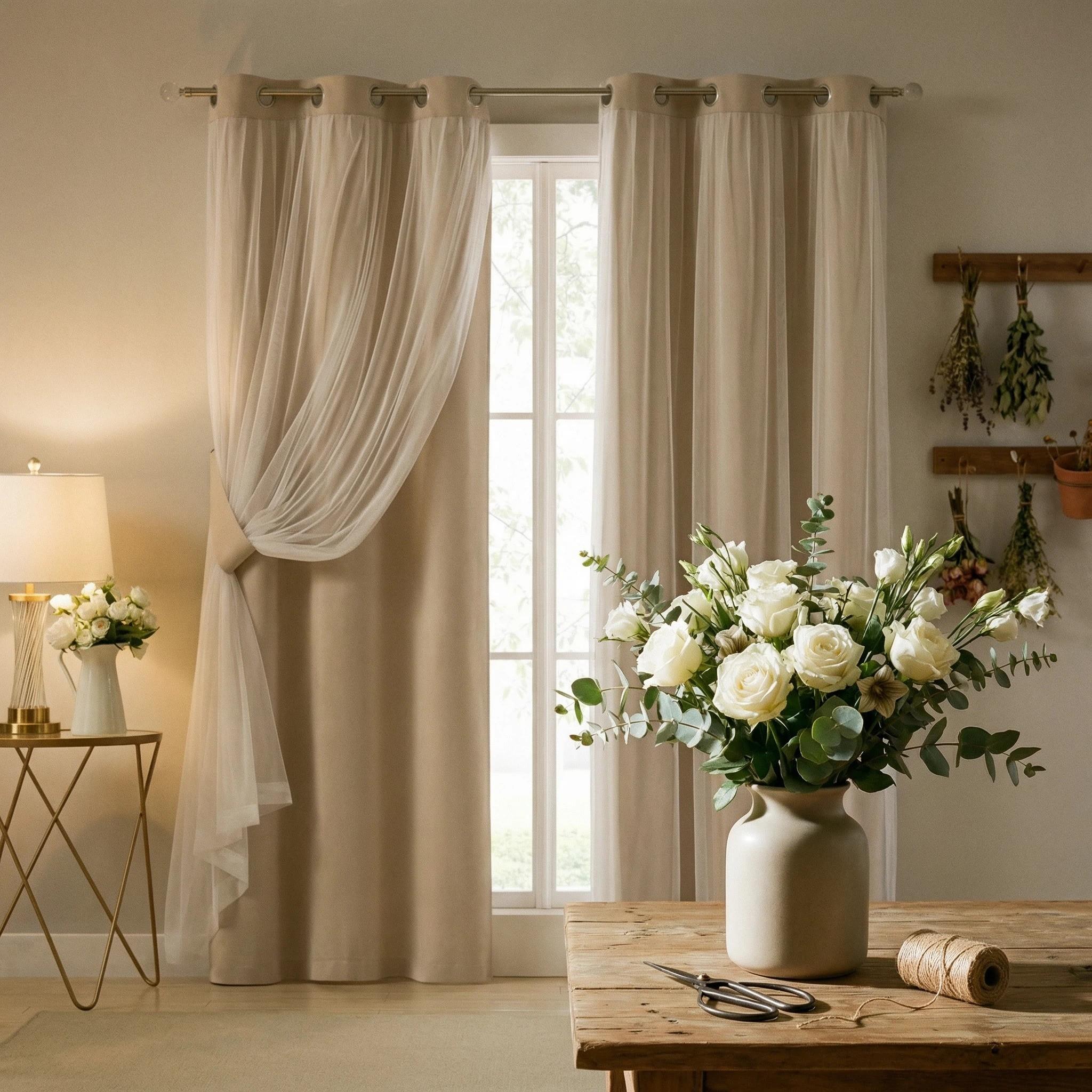 French Romantic Aesthetic Two-Layer Cloth Light-Blocking Finished Curtain, Fashionable Hole Drapery for Living Room, Stylish and Trendy Window Covering, Home Textile