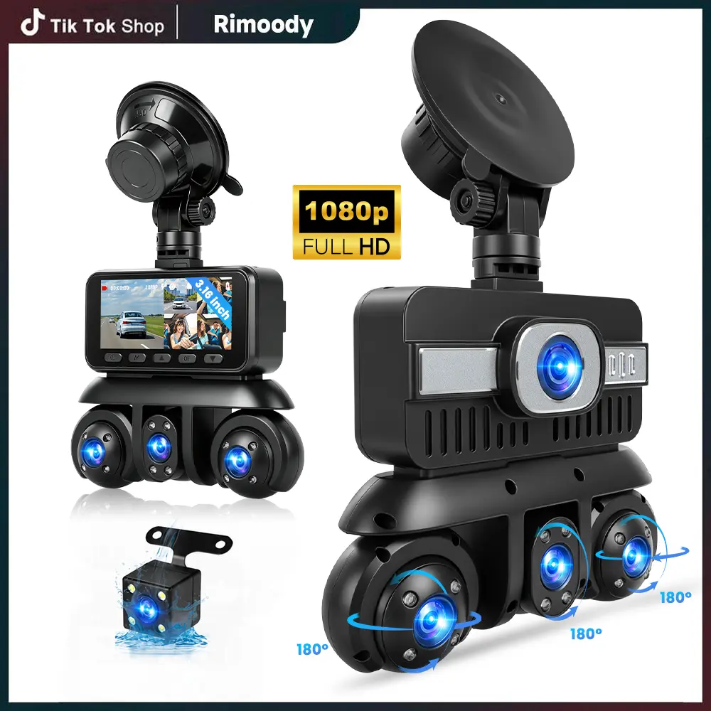 Rimoody 5-Lens Dash Cam (Front and Rear), 1080P In-Car Camera, Loop Recording, Motion Detection, Reverse Parking Assist, 3.16-inch IPS Display, Supports 24-Hour Parking Monitoring, Does Not Include a Memory Card, Plug-and-Play (Stops Working When Power Is