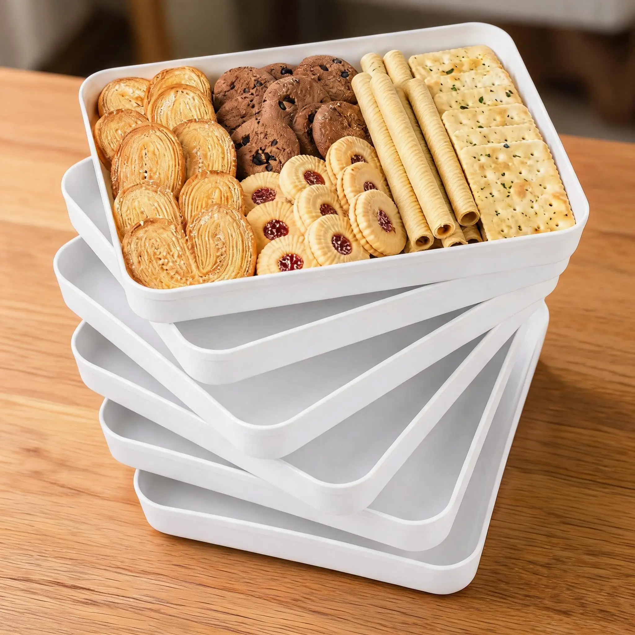Garvee 6 Pack Plastic Serving Tray, 15 x 10.5 x 1.5 Inch Large Rectangular Food Tray, PP Shatterproof Reusable Tray for Party, Buffet, Catering, White