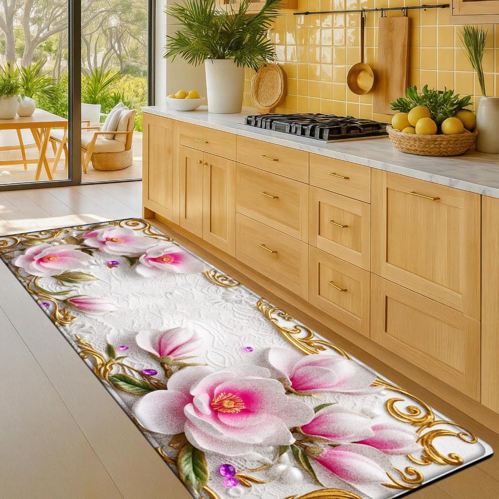 1PC， Pink and White Magnolia Flowers with Gold Ornaments Patterned strip rugs, home décor, bathroom mats, entryway mats, bathroom non-slip mats, indoor entrance rugs, bedroom bedside mats, kitchen mats, hallway rugs, flannel sponge rugs