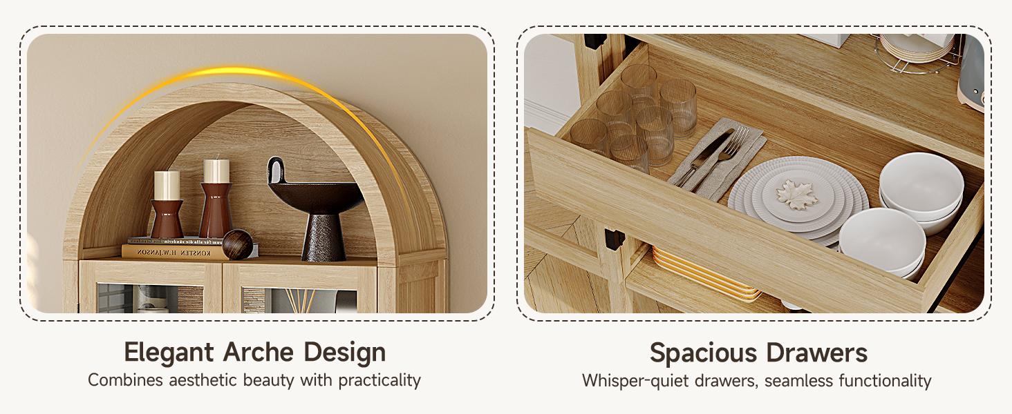 【SPOTLIGHT DAY】ONBRILL 71" Tall Arched Cabinet, 5-Tier Arched Kitchen Pantry with Glass Doors & Drawer, Modern Display Pantry Cabinets with Adjustable Feet, Wooden Pantry for Kitchen, Living Room Furniture, Dining Room Furniture