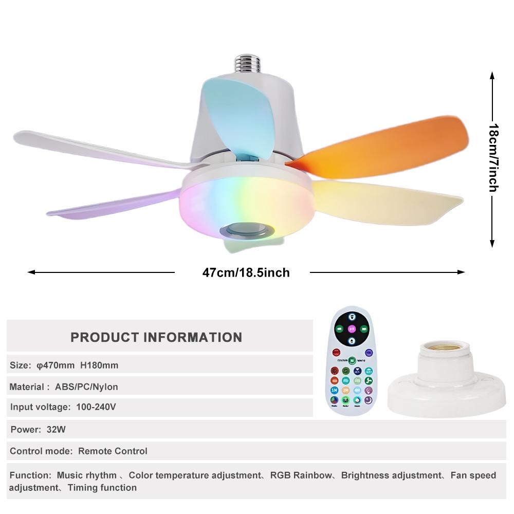 Remote Control Ceiling Fan Light with Bluetooth-compatible Speaker, RGB Fan Light with 3 Adjustable Brightness Levels, No Noise for Small Bedrooms and Indoor Parties