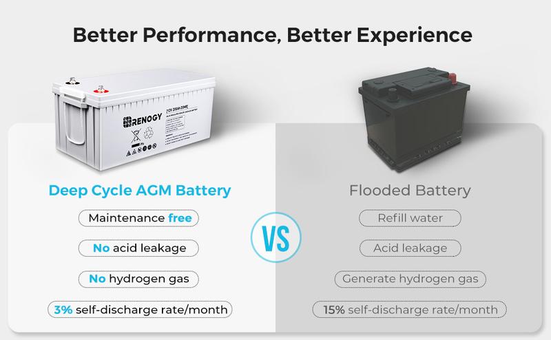 Renogy Deep Cycle AGM Battery 12 Volt 200Ah, 3% Self-Discharge Rate, 2000A Max Discharge Current, Safe Charge Most Home Appliances for RV, Camping, Cabin, Marine and Off-Grid System, Maintenance-Free Renogy Deep Cycle AGM Battery 12 Volt 200Ah, 3% Self-Discharge Rate, 2000A Max Discharge Current, Safe Charge Most Home Appliances for RV, Camping, Cabin, Marine and Off-Grid System, Maintenance-Free