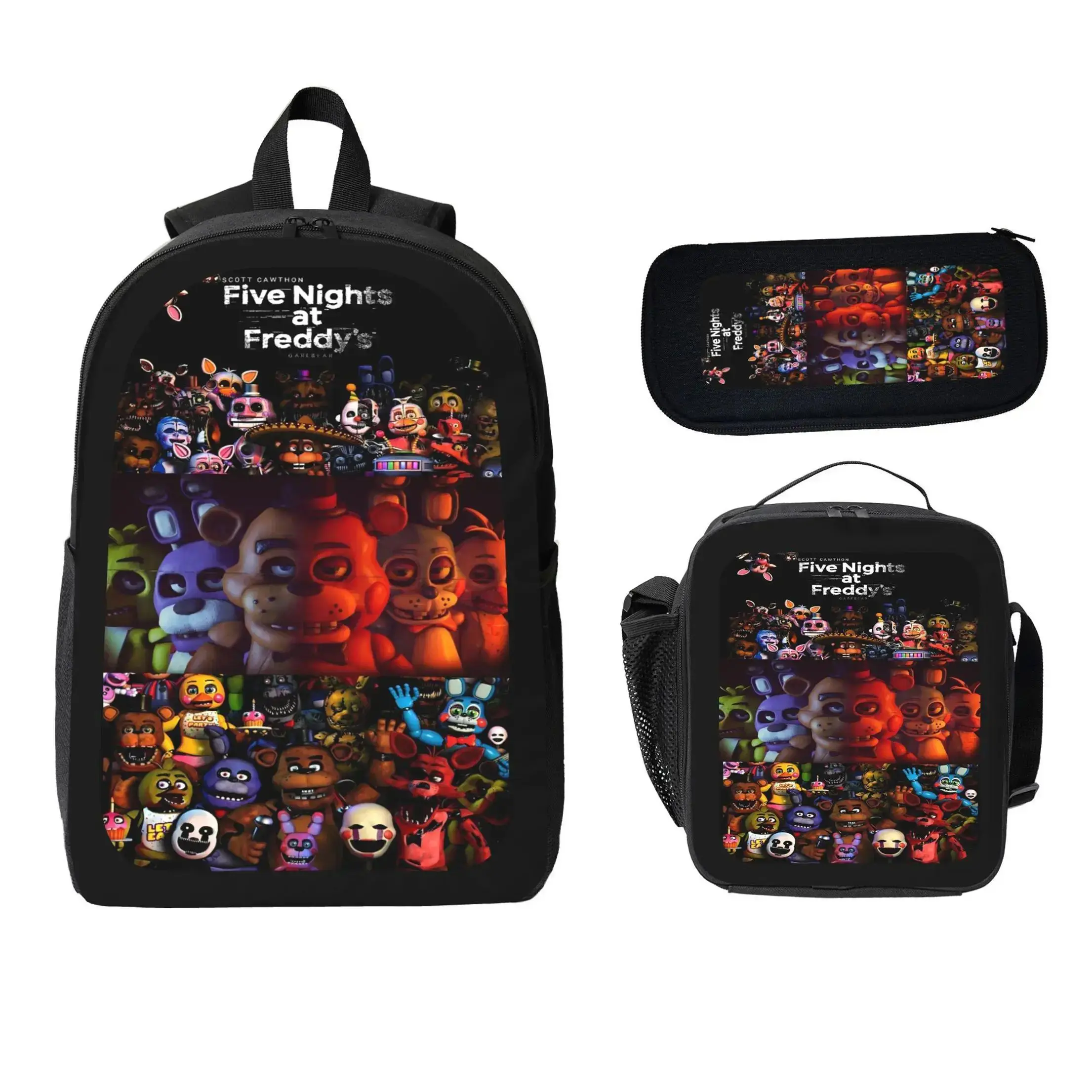 Five Nights At Freddys Backpack With Lunch Box Pencil Case 3 Piece For Boy Girl Teen Schoolbag Lightweight Large Capacity 600D Oxford Cloth Adjustable Straps Comfortable Mesh Back Cushioning backpack