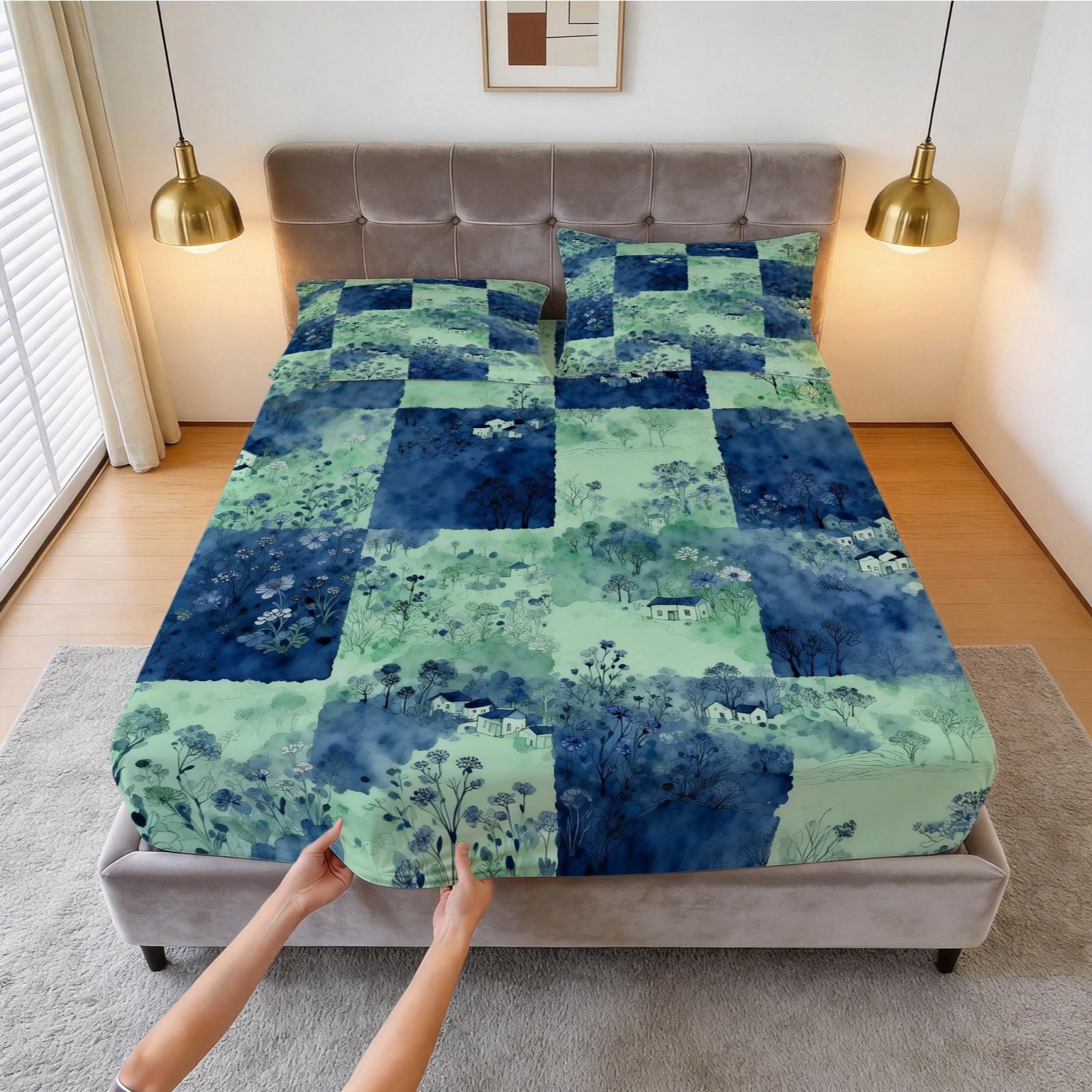 3 Pcs Watercolor Landscape Checkered Fitted Sheet Set, HD Digital Printed Fitted Sheet (No Insert), Soft Breathable Deep Pocket Mattress Cover, Aesthetic Bedroom Decor Bedding Set