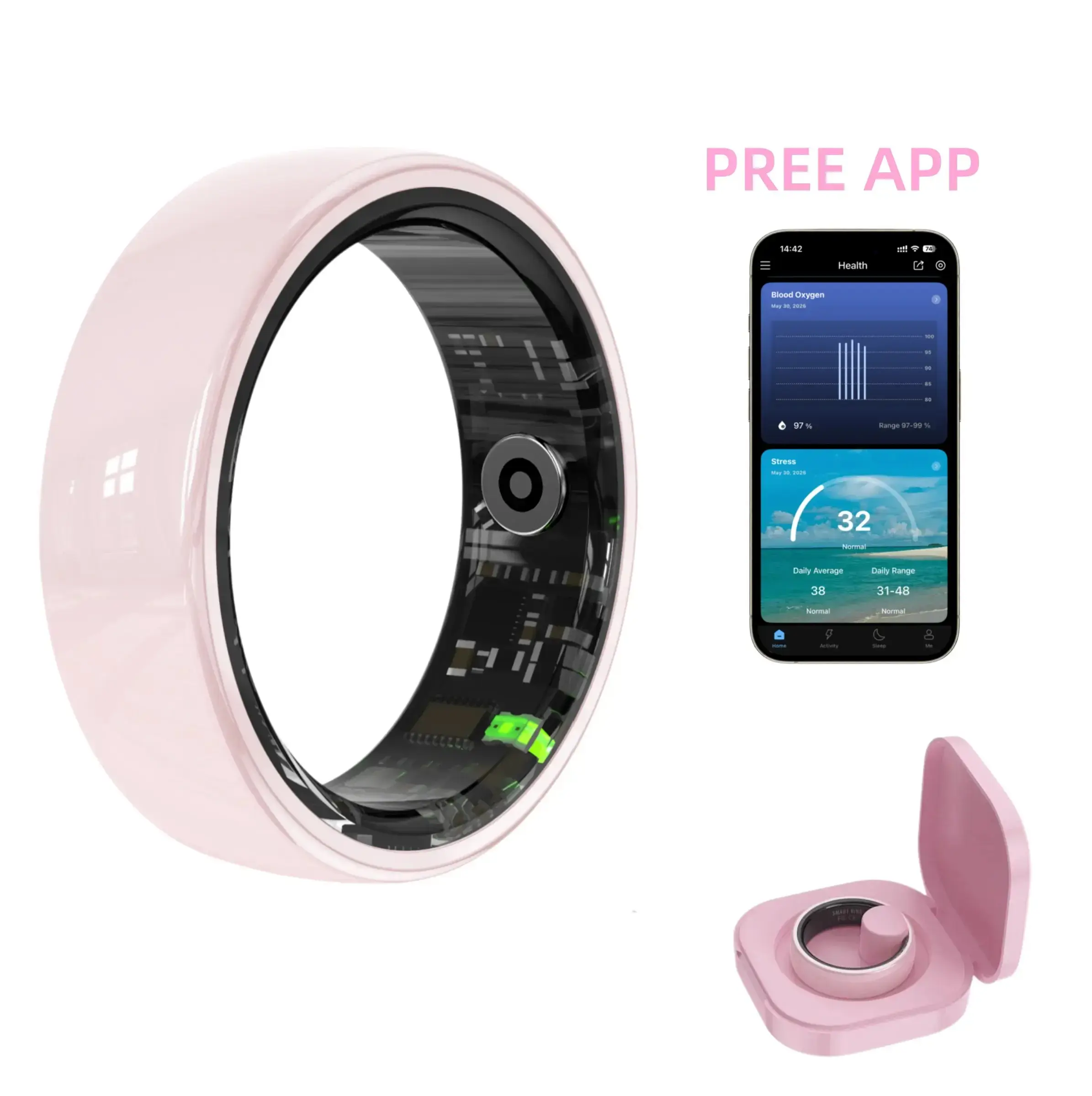 Pink Ceramic Smart Wearable Ring - Health Monitor with Bluetooth, Heart Rate, Sleep, Blood Oxygen, Stress & Cycle Tracking, IP65 Water Resistant, Multiple Sports Modes, Charging Case, No Subscription, iOS/Android Compatible, Personal Health Gift