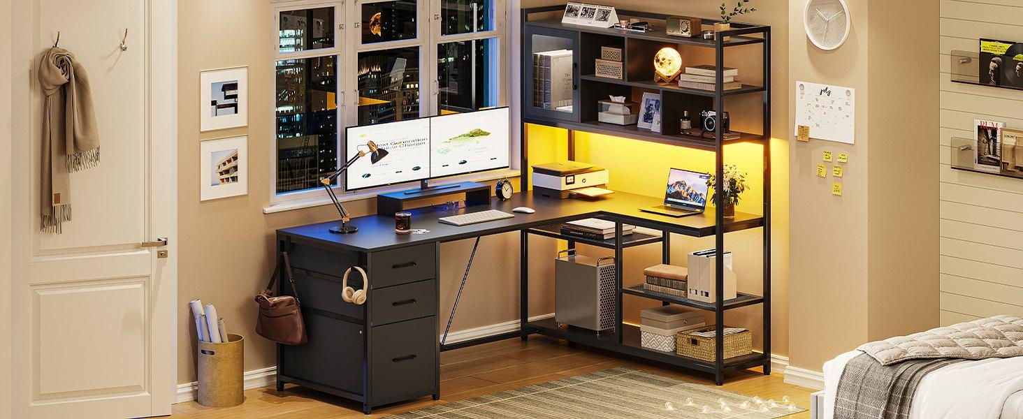 SEDETA L-Shape 58-Inch Desk with Drawers and with Storage Shelves and LED Lights for Home Office and Gaming, Furniture Ergonomic Tables Cabinets