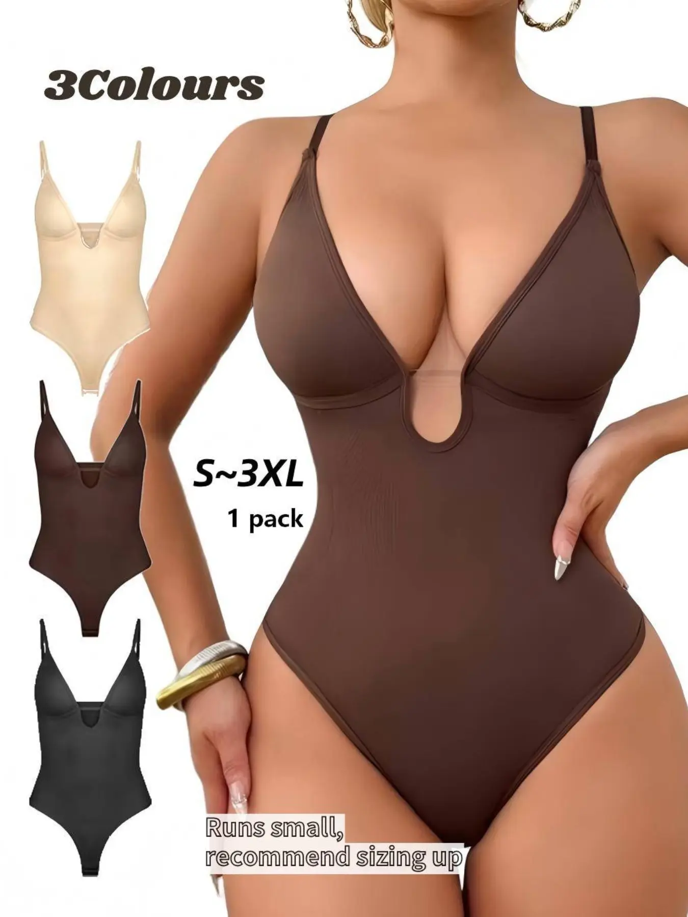 Women's Shapewear Deep V Thong Spaghetti Strap Abdomen Control Garment Bodysuit, Faja Moldeadora Shapewear Bodysuit, Smooth Slimming Underwear, All-Season Comfortable Basic, S~xxxl Size, Sexy Style, Womenswear