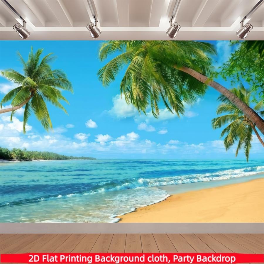 Summer Beach Party Background Banner, Hawaiian Party Background Cloth, Polyester Material, Beach, Palm Trees, and Blue Sky, Suitable for Hawaii Party Decoration, Summer Home Decoration,Garden,Studio, and Outdoor Birthday Party Multi functional Decoration